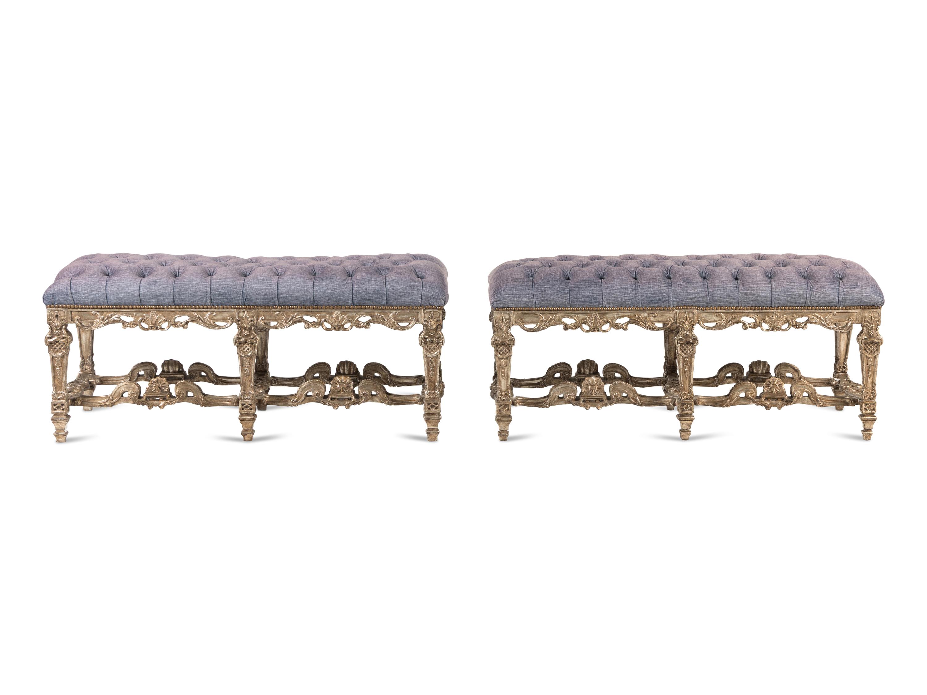 A Pair of Italian Baroque Style Silvered Wood Benches