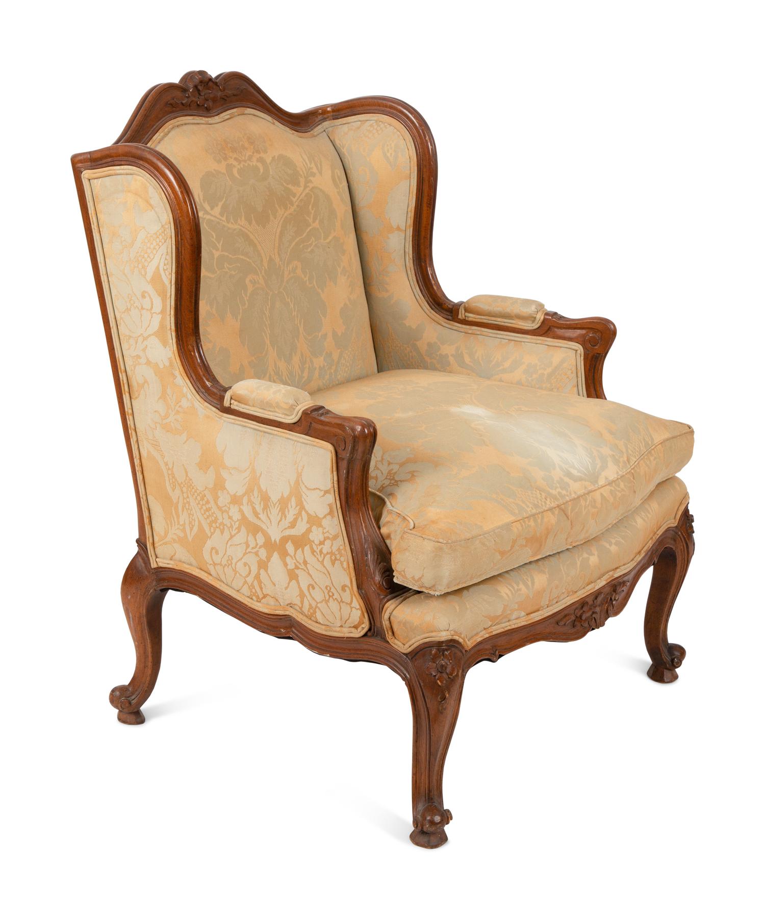 A Louis XV Style Carved Bergere Oreilles with Silk Damask Upholstery — 20TH CENTURY