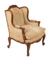 A Louis XV Style Carved Bergere Oreilles with Silk Damask Upholstery — 20TH CENTURY