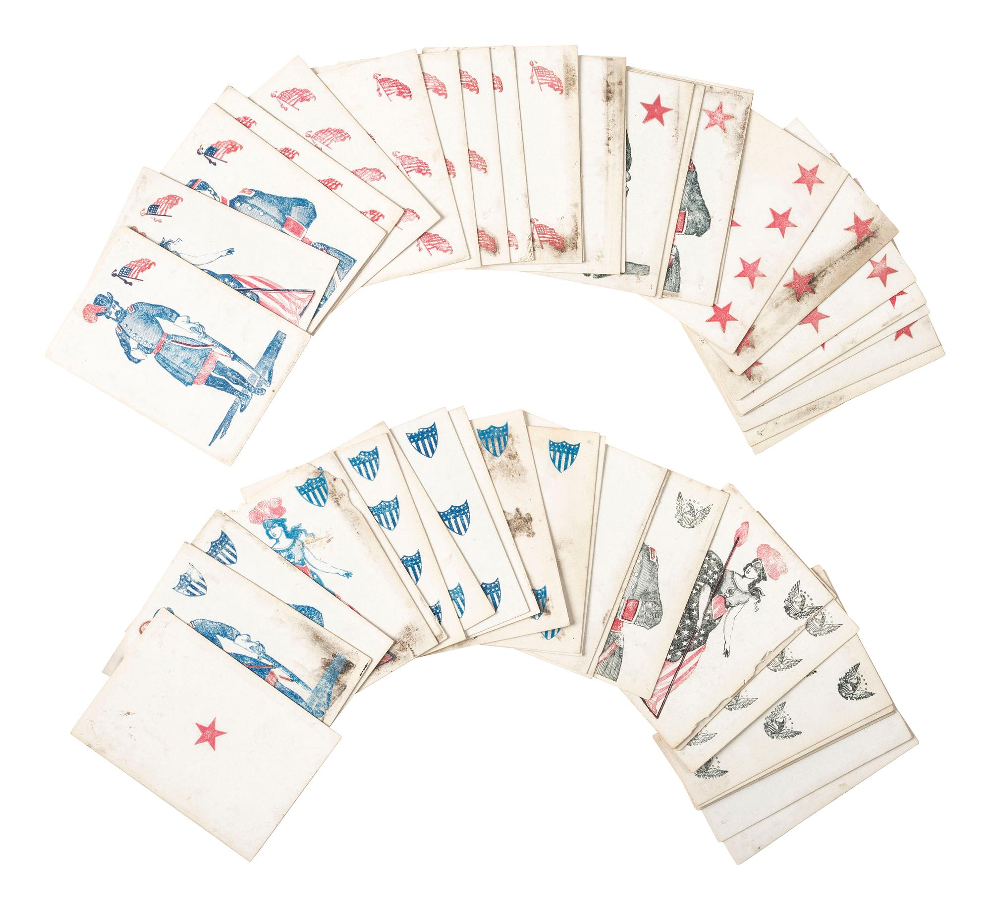 [CIVIL WAR]. Union playing cards housed in Civil War soldier's folk art carved case.