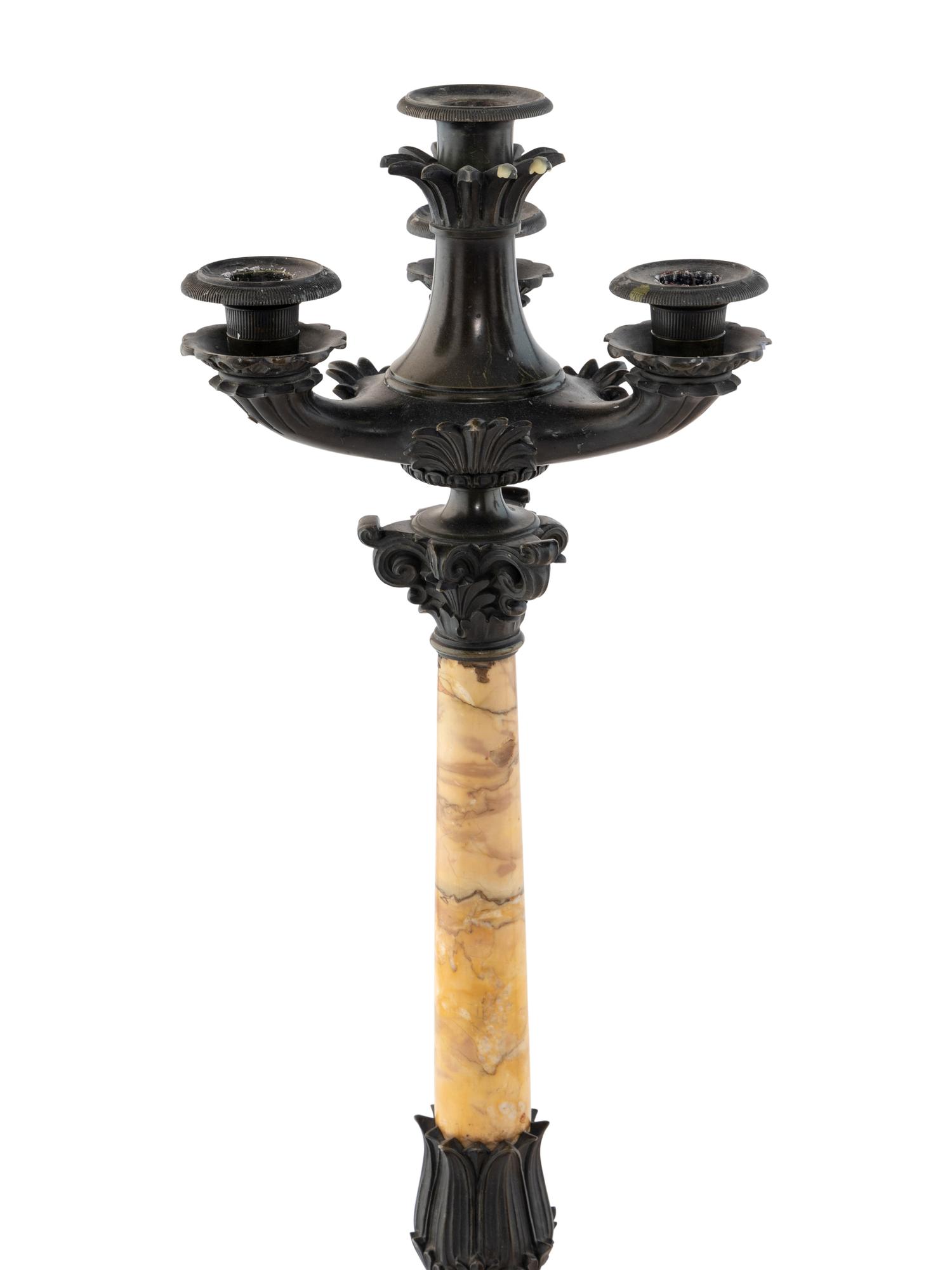 A Pair of French Marble and Patinated Bronze Candelabra