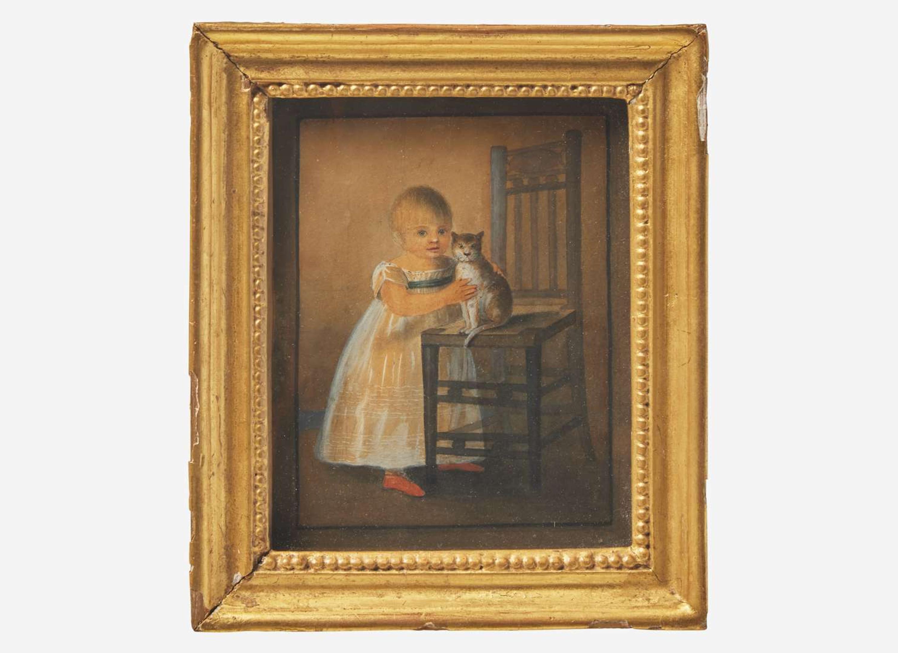 American or Continental School 19th century, Portrait of a Young Girl with Pet Cat