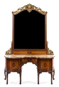 A Louis XV Style Marquetry and Parcel Gilt Dressing Table, Height overall 83 x width 56 x depth 15 inches.