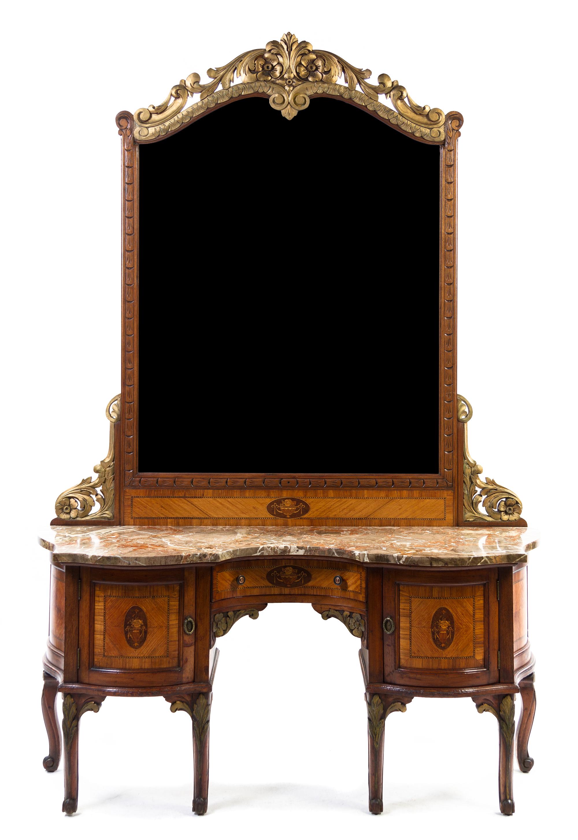 A Louis XV Style Marquetry and Parcel Gilt Dressing Table, Height overall 83 x width 56 x depth 15 inches.