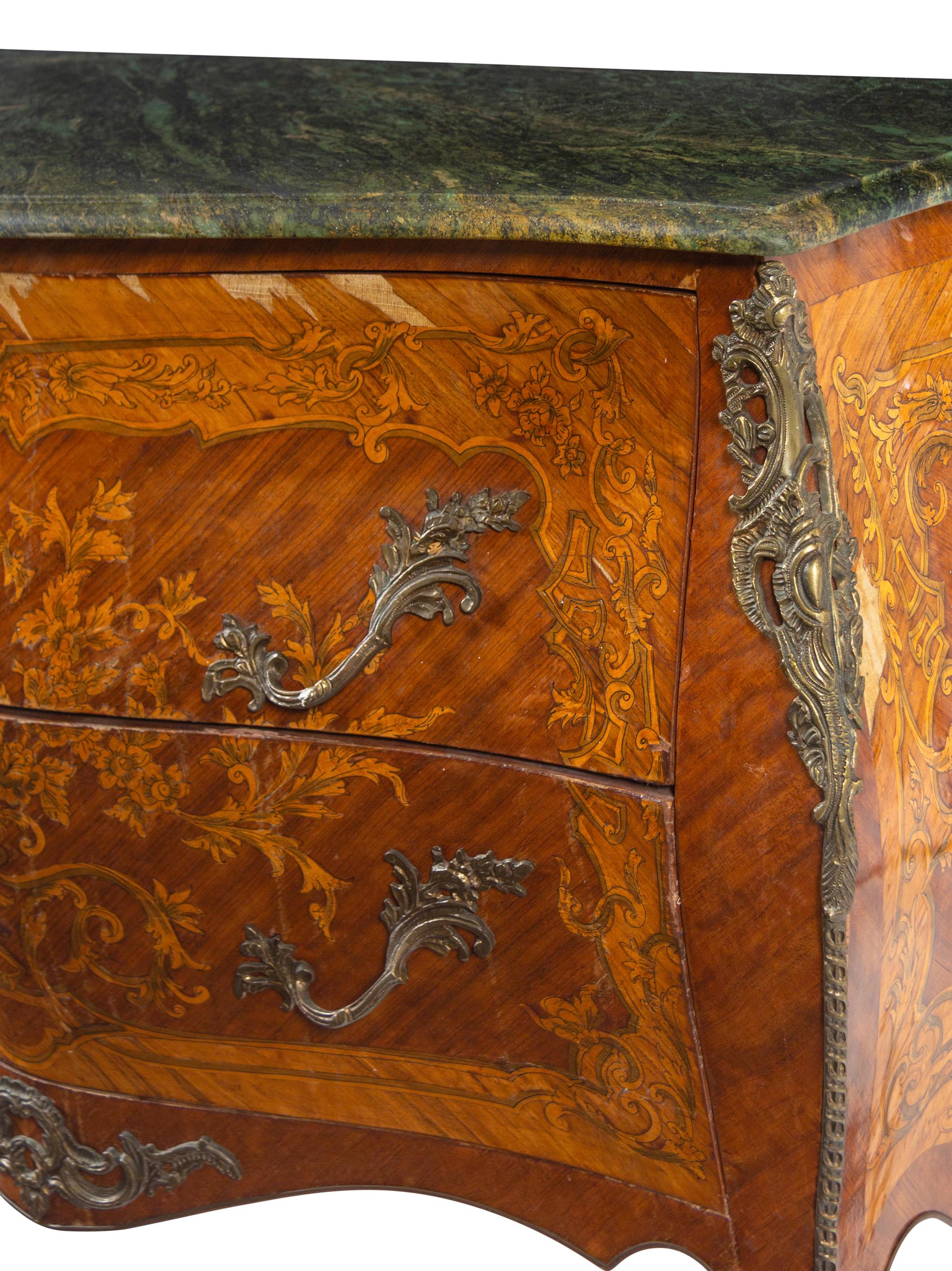 A Louis XV Style Gilt Metal Mounted Marquetry Marble-Top Commode
