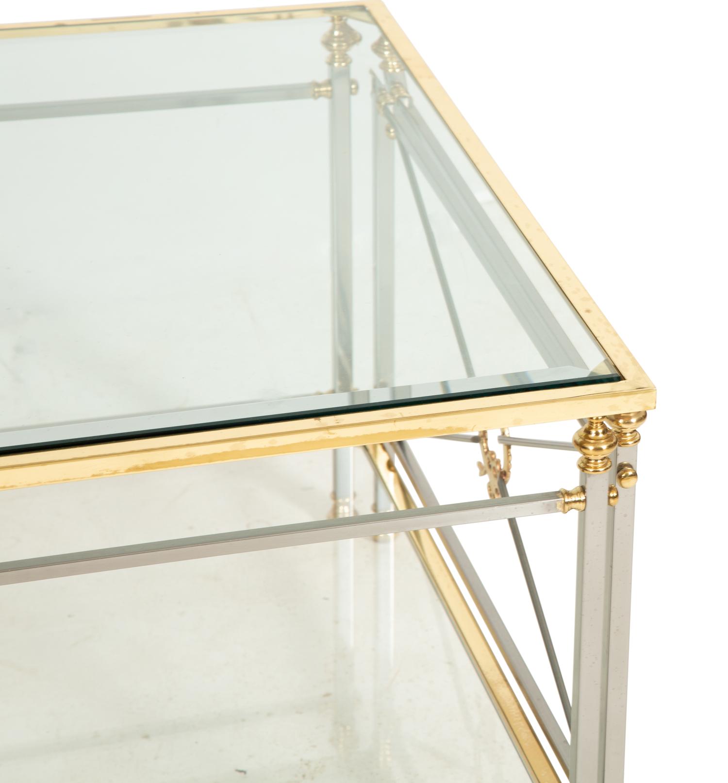 A Neoclassical Style Brass and Chromed Steel Glass-Top Coffee Table