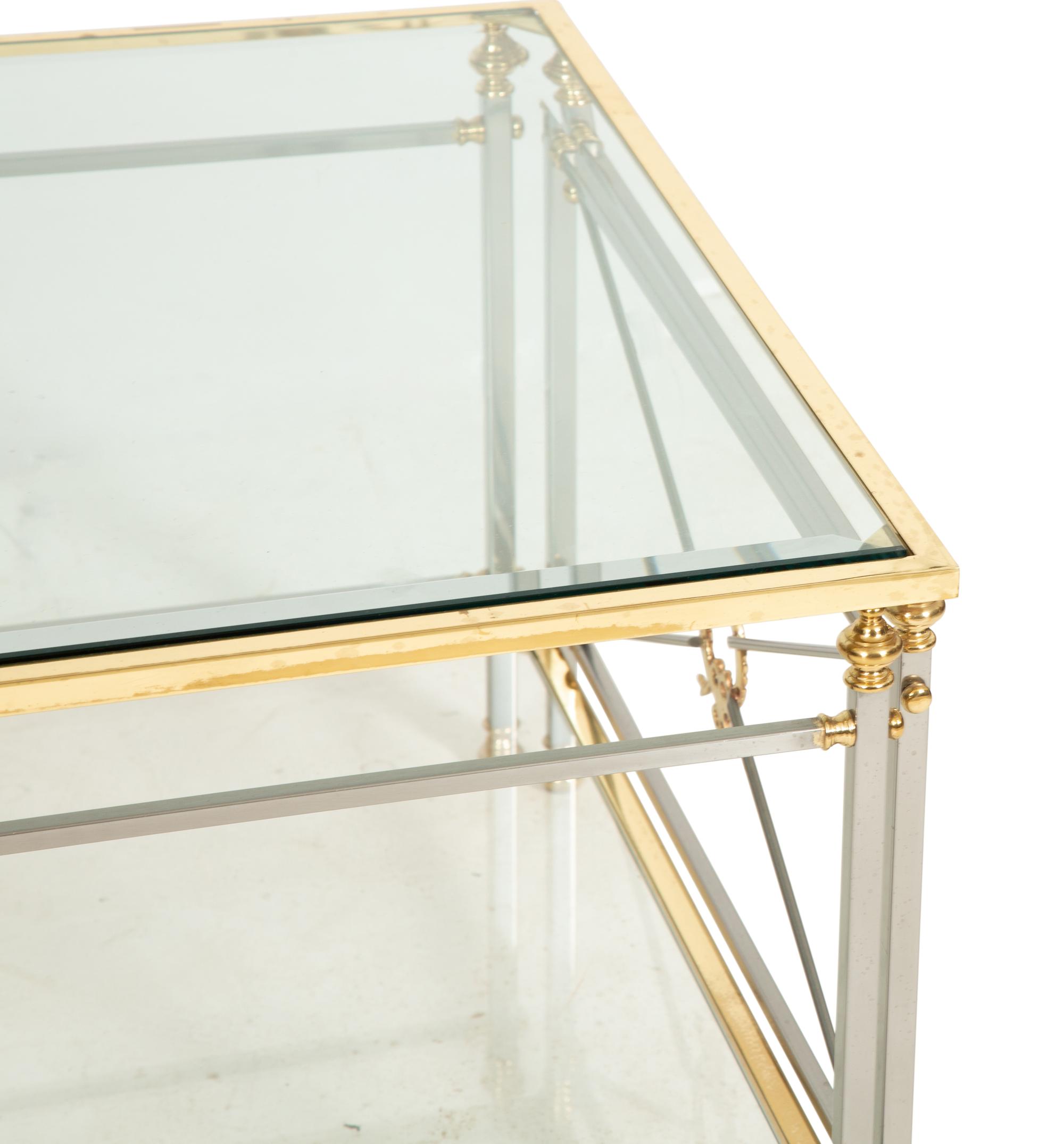A Neoclassical Style Brass and Chromed Steel Glass-Top Coffee Table