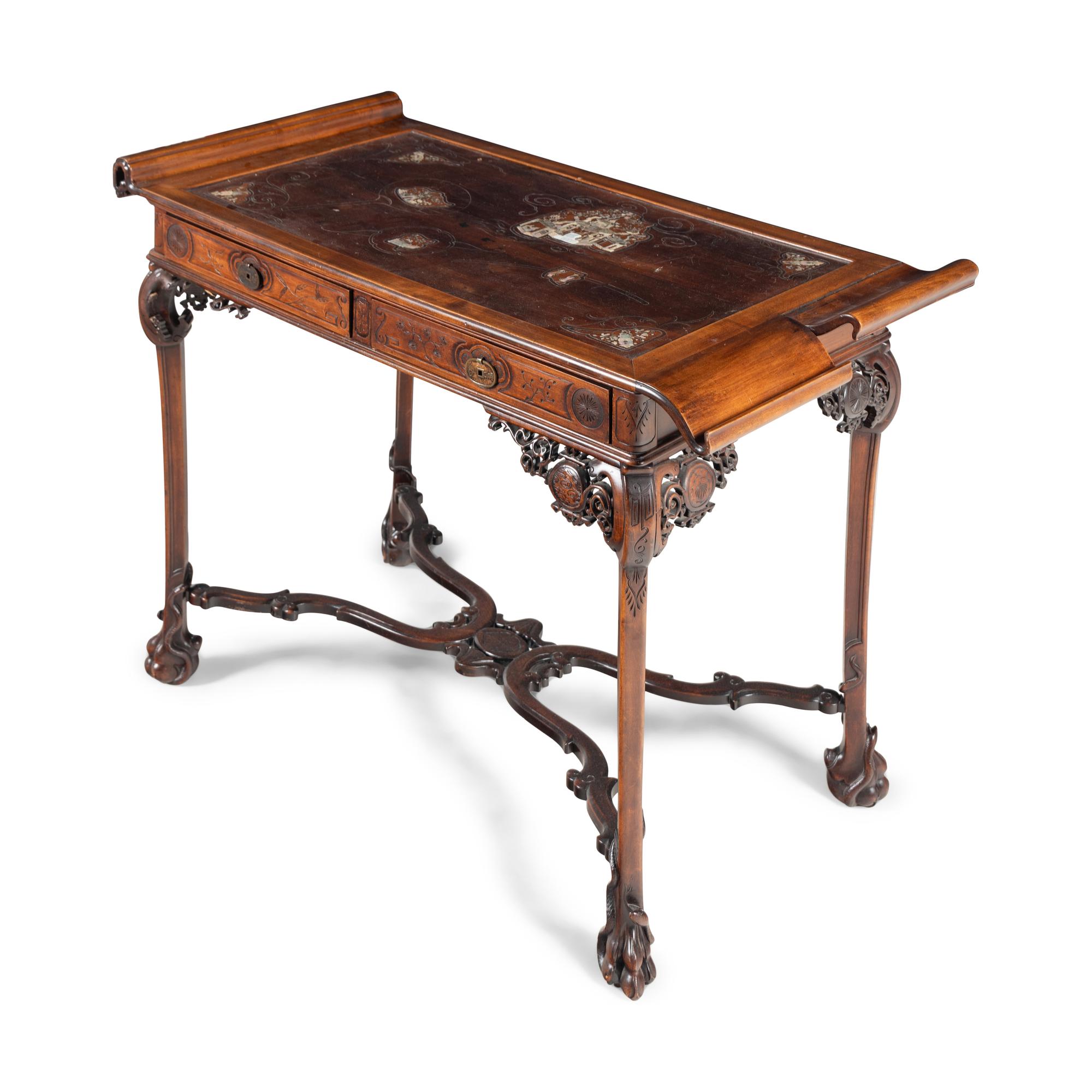 A French Chinoiserie Decorated Mother-of-Pearl Inlaid Writing Desk