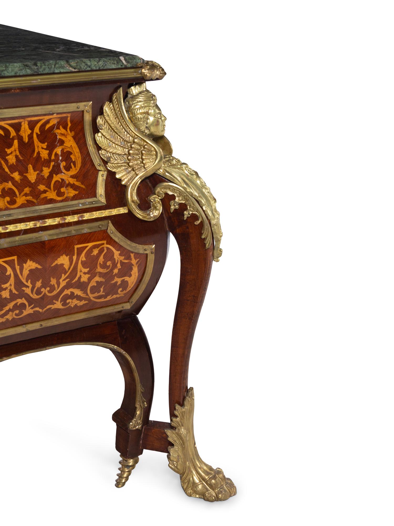 A Louis XIV Style Gilt Metal Mounted Marquetry Marble-Top Commode After the Model by André-Charles Boulle