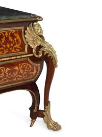 A Louis XIV Style Gilt Metal Mounted Marquetry Marble-Top Commode After the Model by André-Charles Boulle