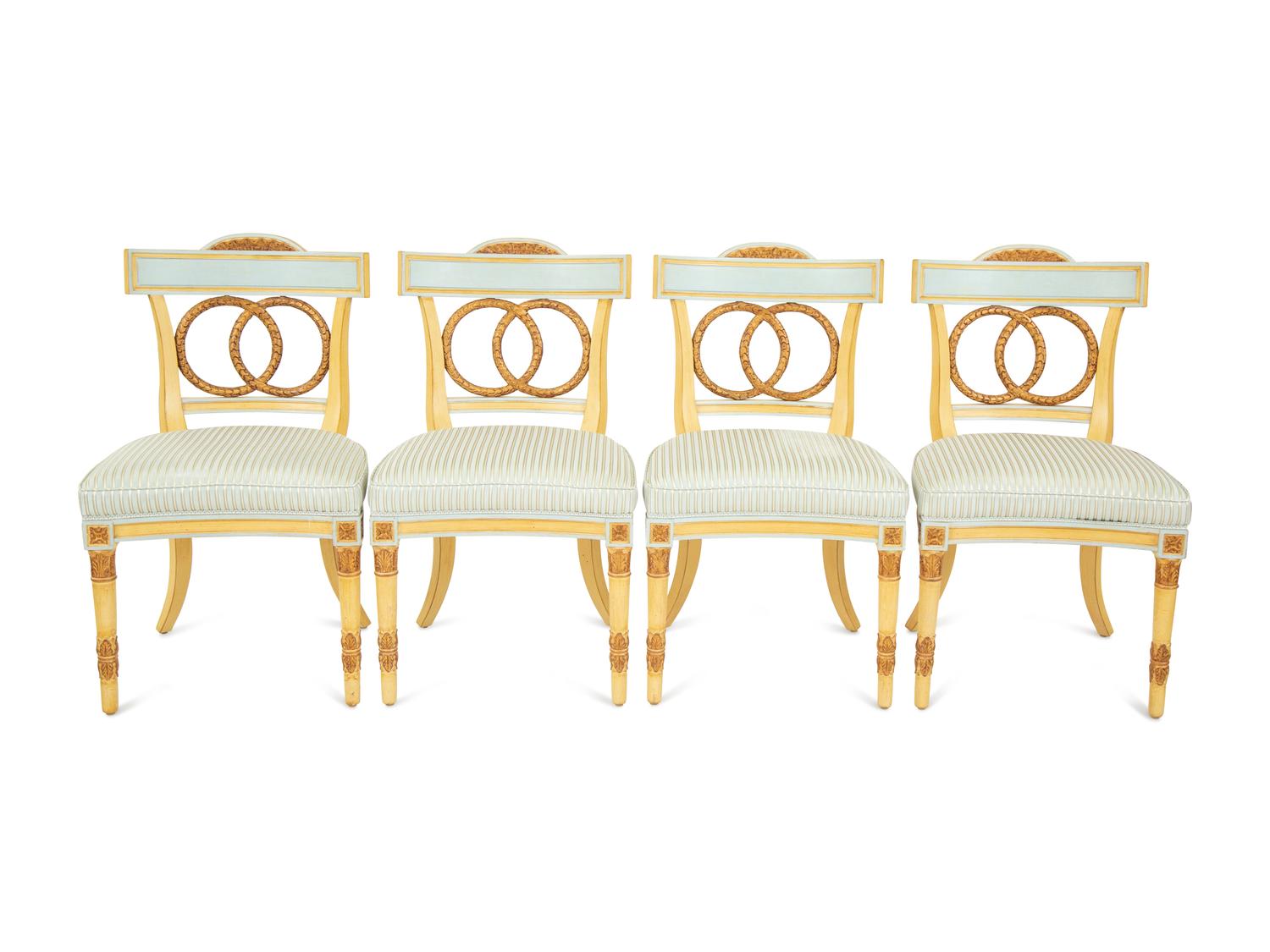Eight Neoclassical Style Painted and Parcel Gilt Dining Chairs