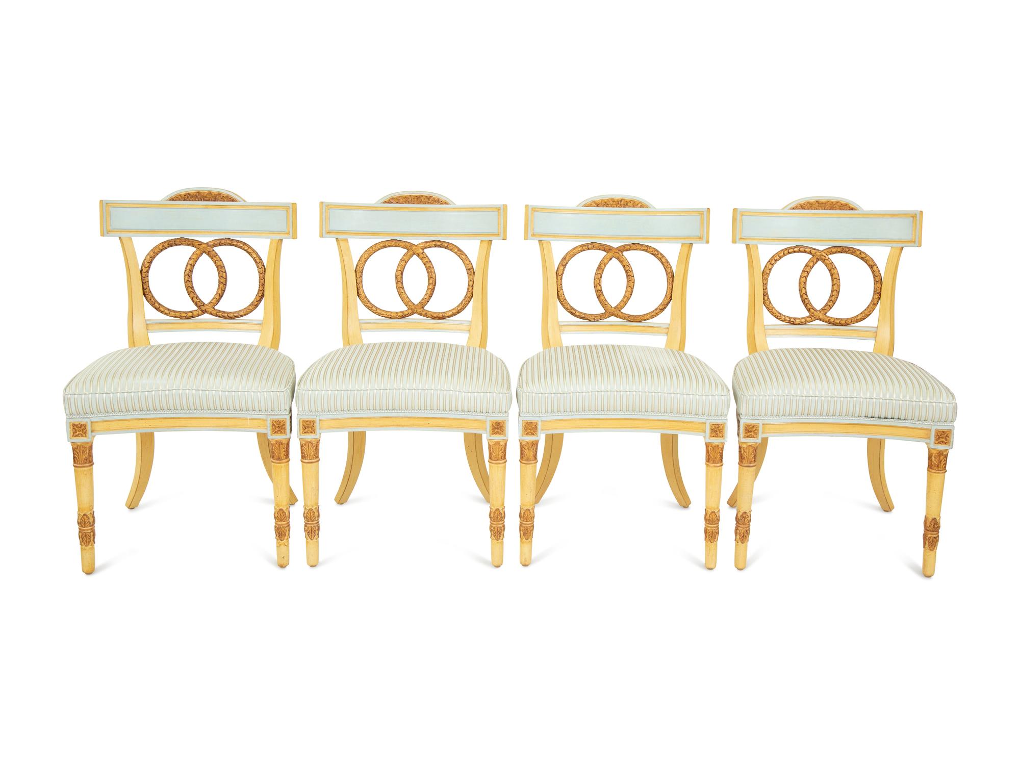 Eight Neoclassical Style Painted and Parcel Gilt Dining Chairs