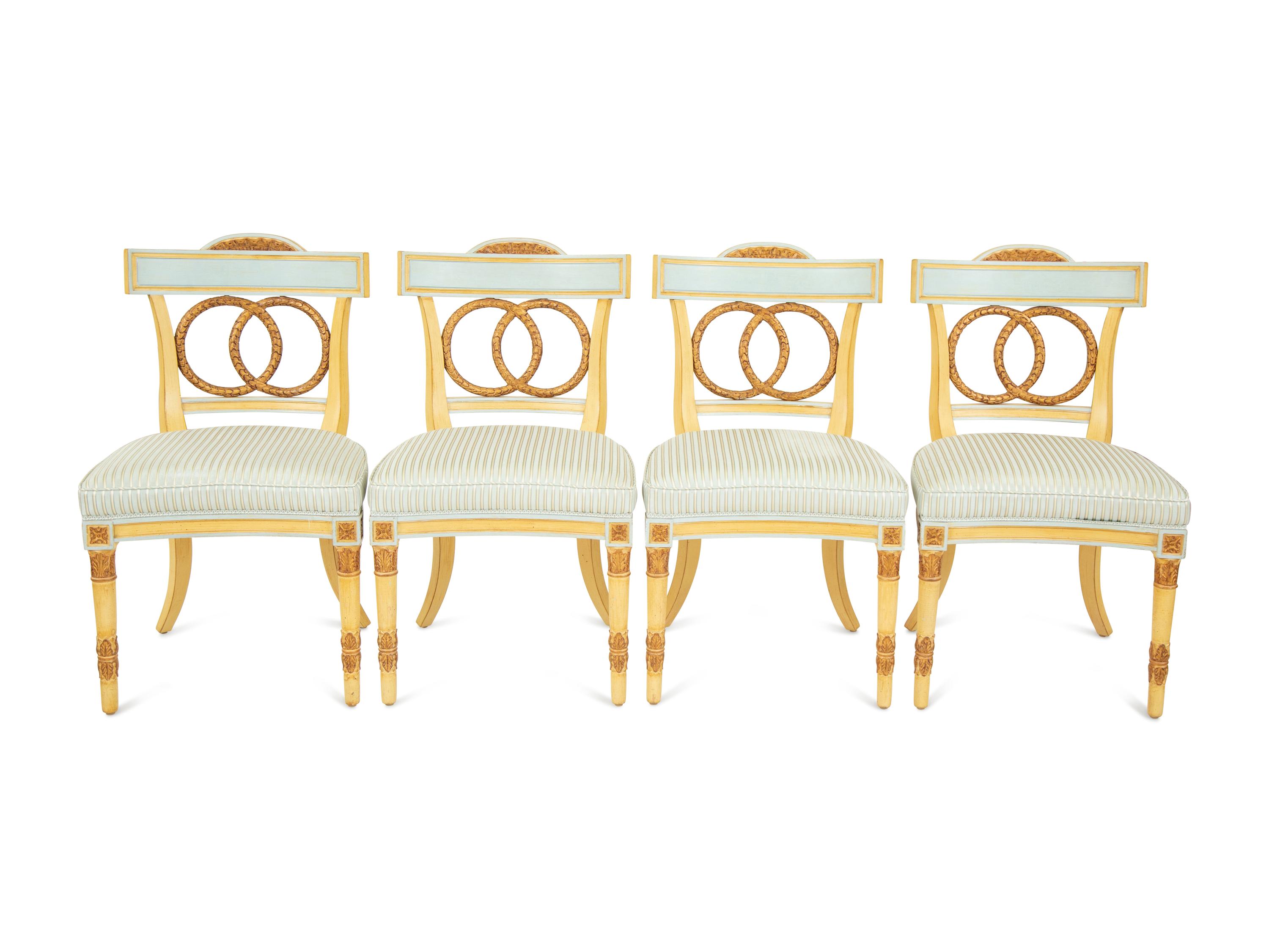 Eight Neoclassical Style Painted and Parcel Gilt Dining Chairs