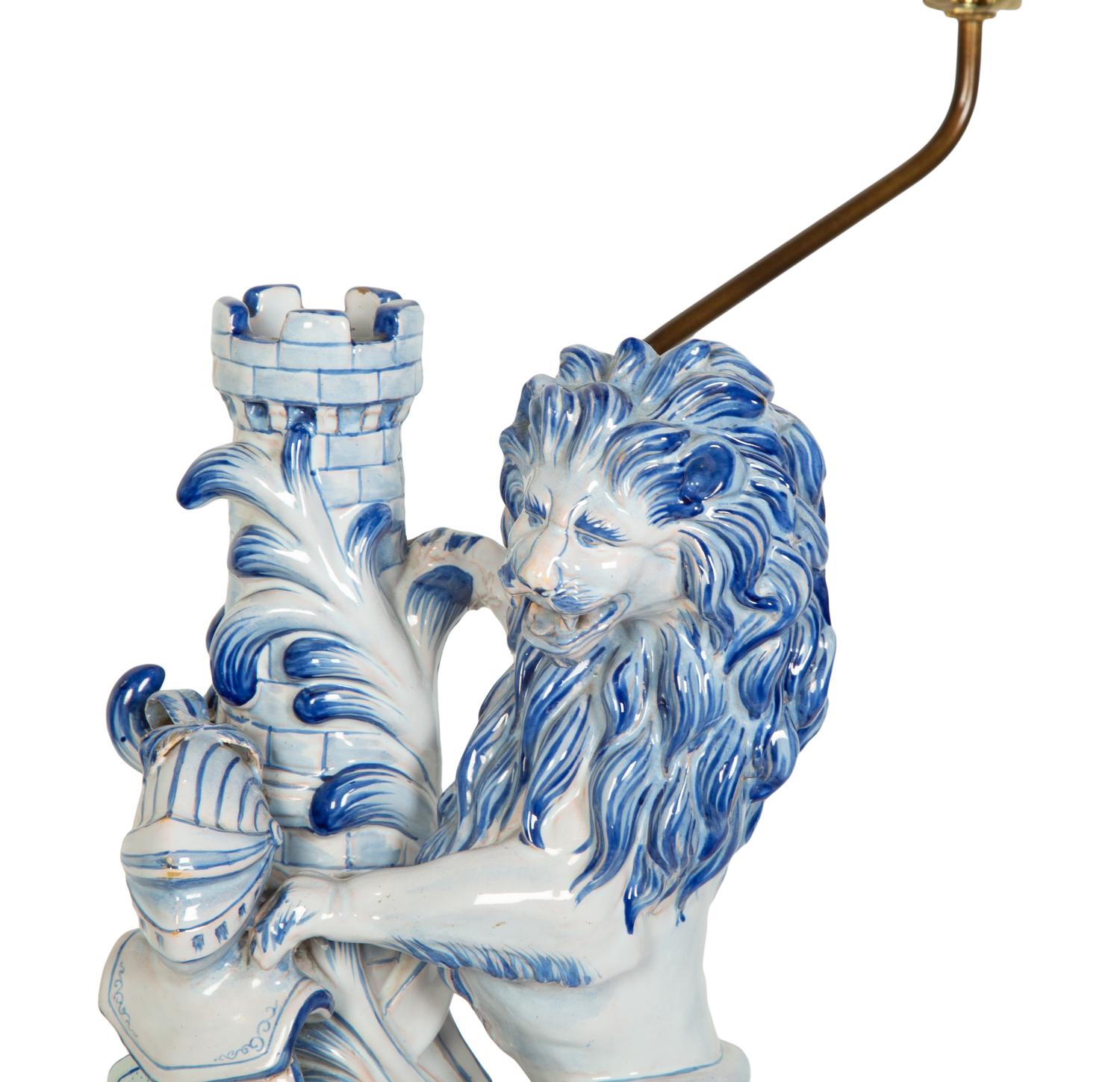 A Continental Faience Lion Group Mounted as a Lamp
