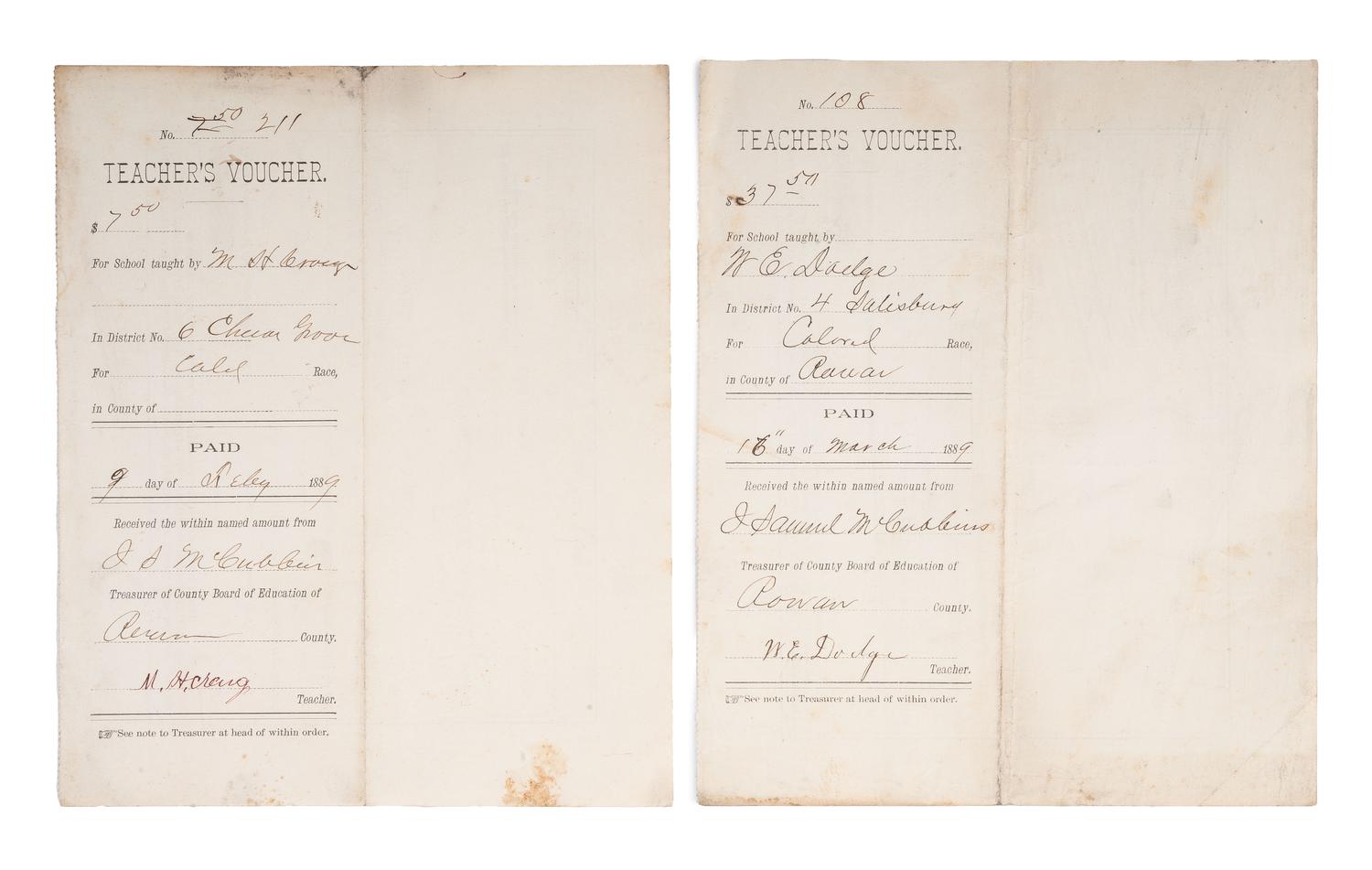 [EDUCATION]. A group of 5 items, incl. Rowan County, North Carolina, teacher's payment vouchers for teaching African American children in 1889 and photographs.