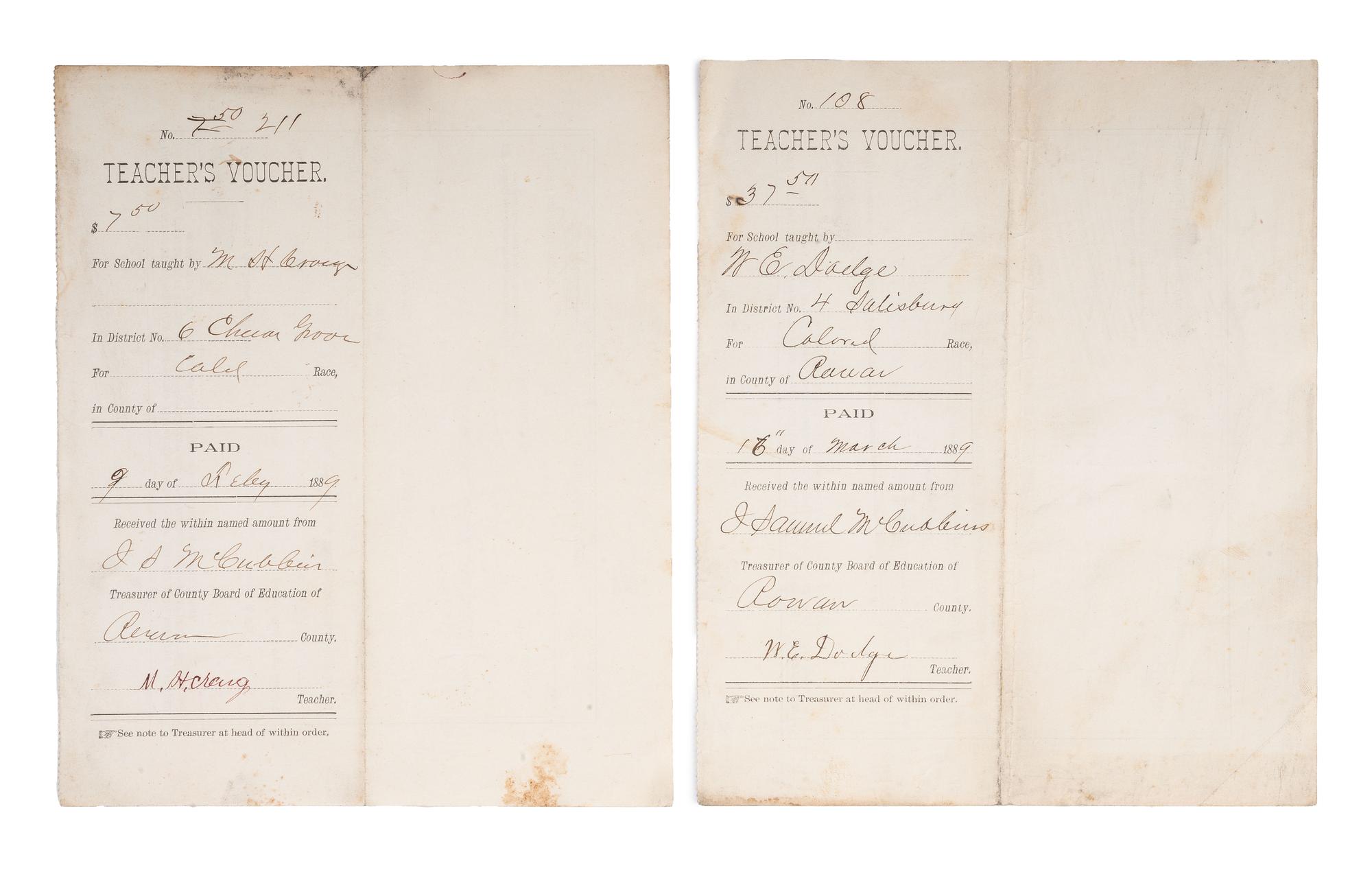 [EDUCATION]. A group of 5 items, incl. Rowan County, North Carolina, teacher's payment vouchers for teaching African American children in 1889 and photographs.
