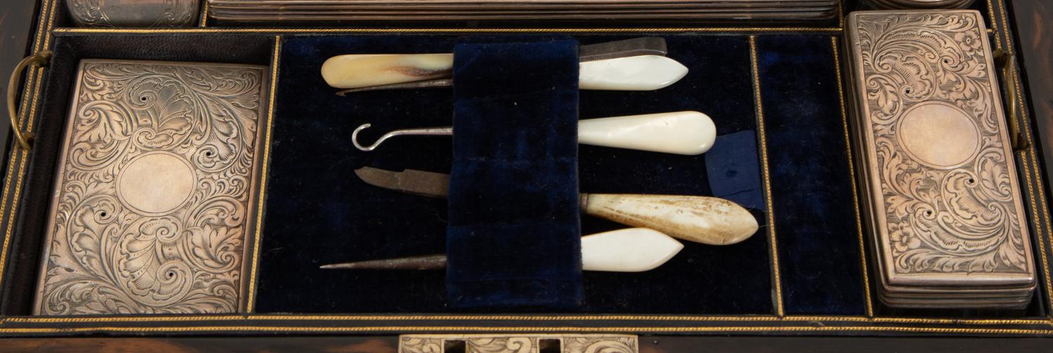 A Victorian Calamander Dressing Case with Silver Mounted Glass Articles