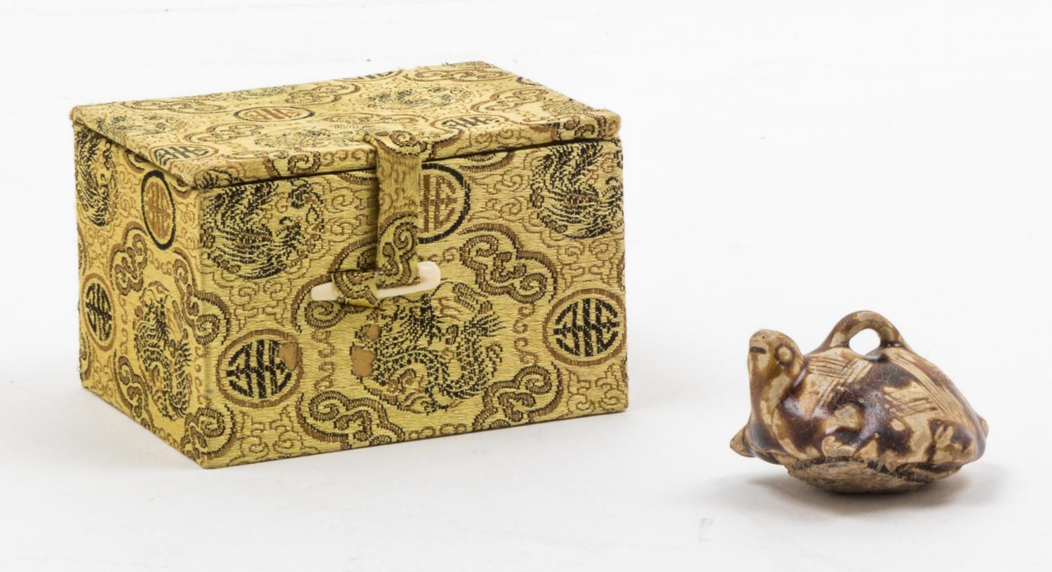 A Small Brown Glazed Pottery Figure of a Turtle Length 2 inches.