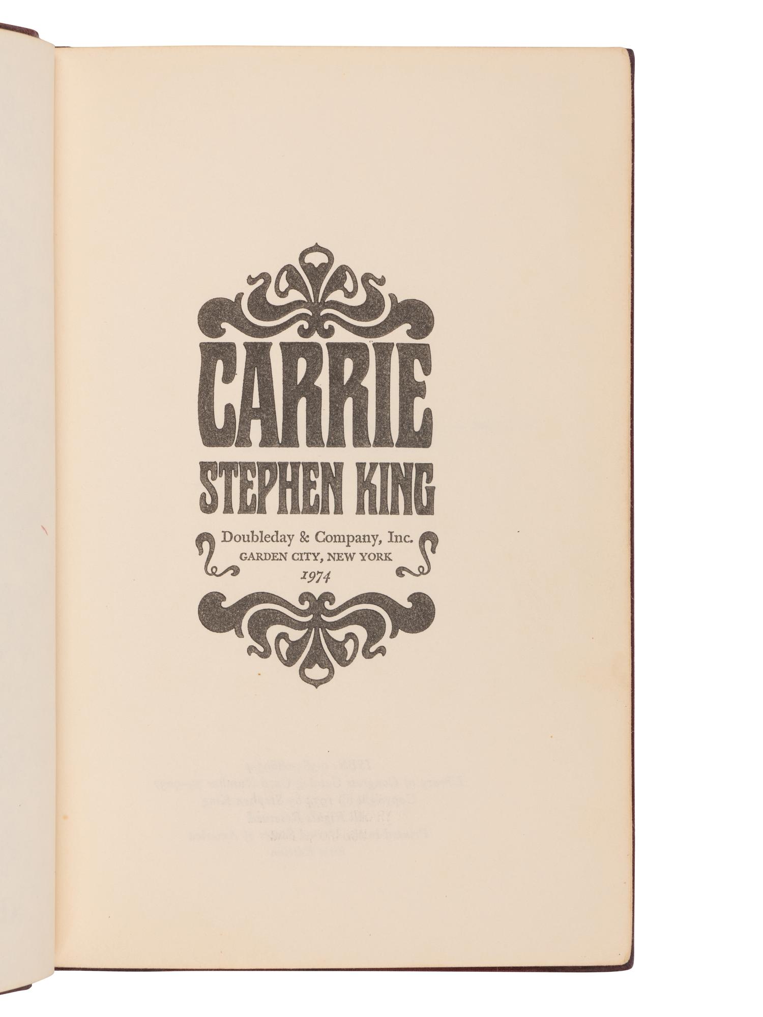 KING, Stephen (b. 1947). Carrie. Garden City, NY: Doubleday & Company, 1974.