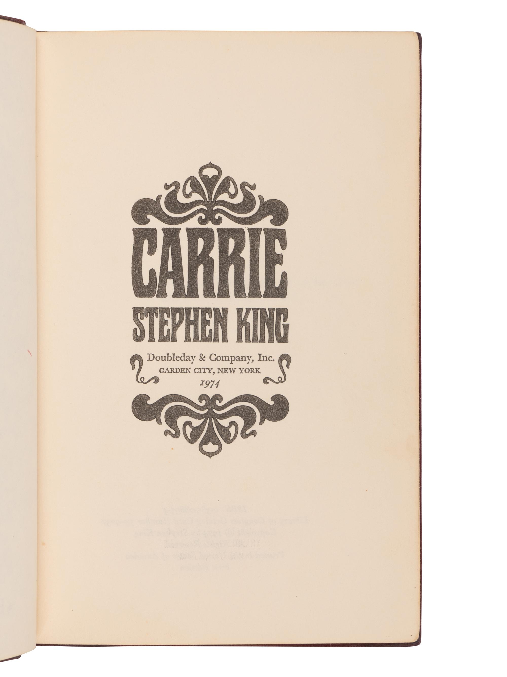 KING, Stephen (b. 1947). Carrie. Garden City, NY: Doubleday & Company, 1974.