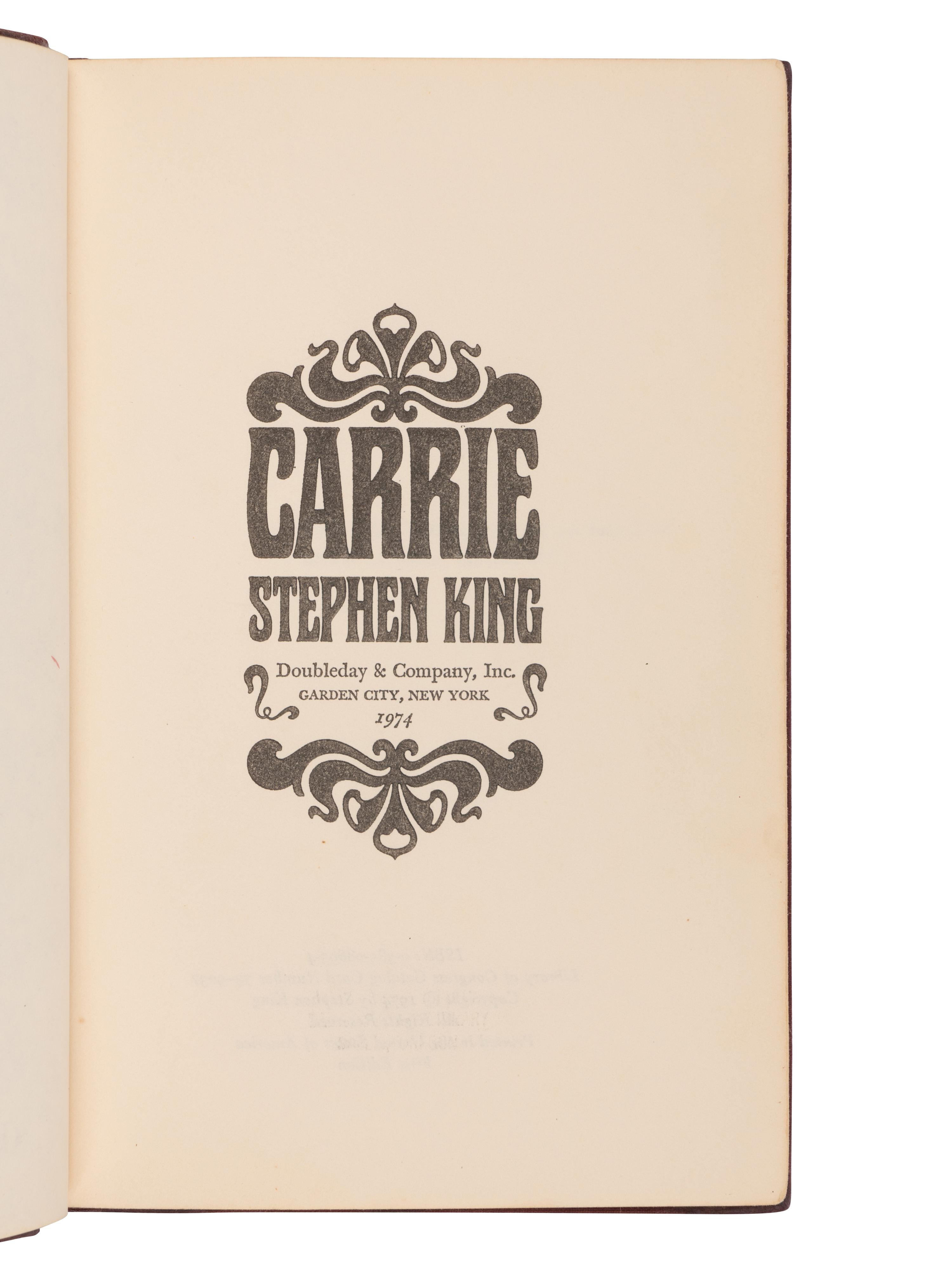 KING, Stephen (b. 1947). Carrie. Garden City, NY: Doubleday & Company, 1974.