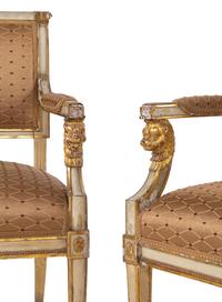 A Pair of Empire Painted and Parcel Gilt Fauteuils