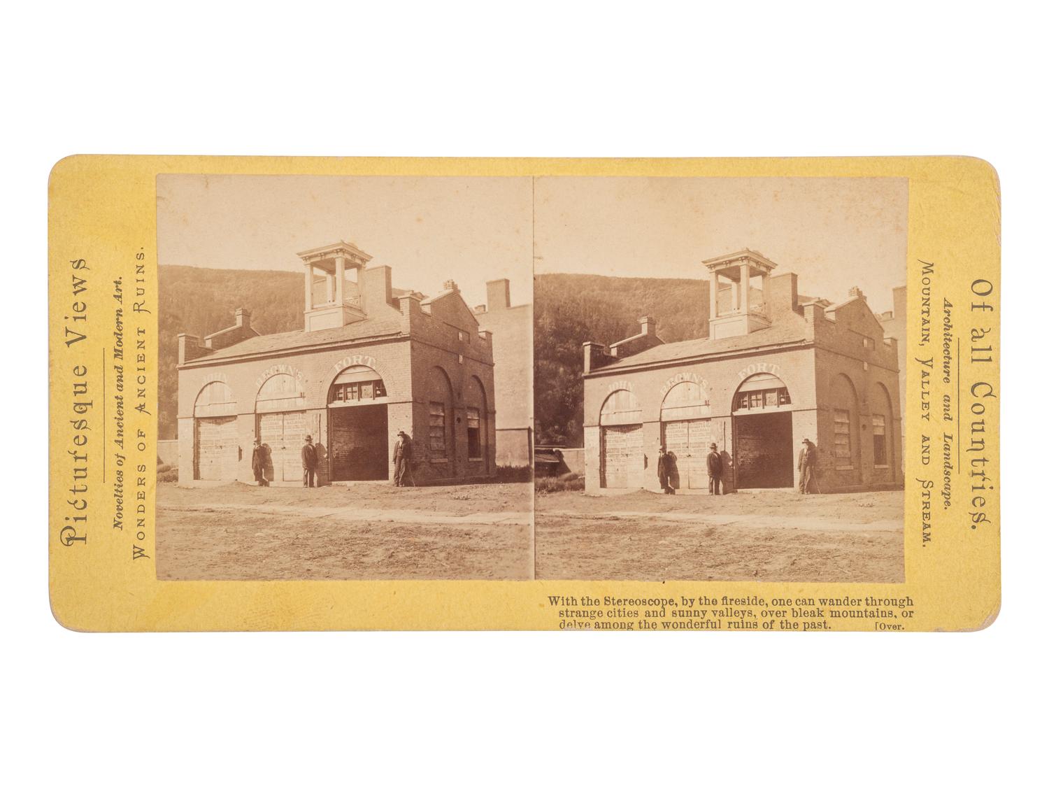 [SLAVERY & ABOLITION] -- [BROWN, John]. Stereoview of John Brown's Fort at Harpers Ferry, Virginia. N.p., ca 1870s. [ With: ] BRADY, Mathew, photographer. Stereoview of African American soldiers of the 7th USCT outside Fort Burnham.