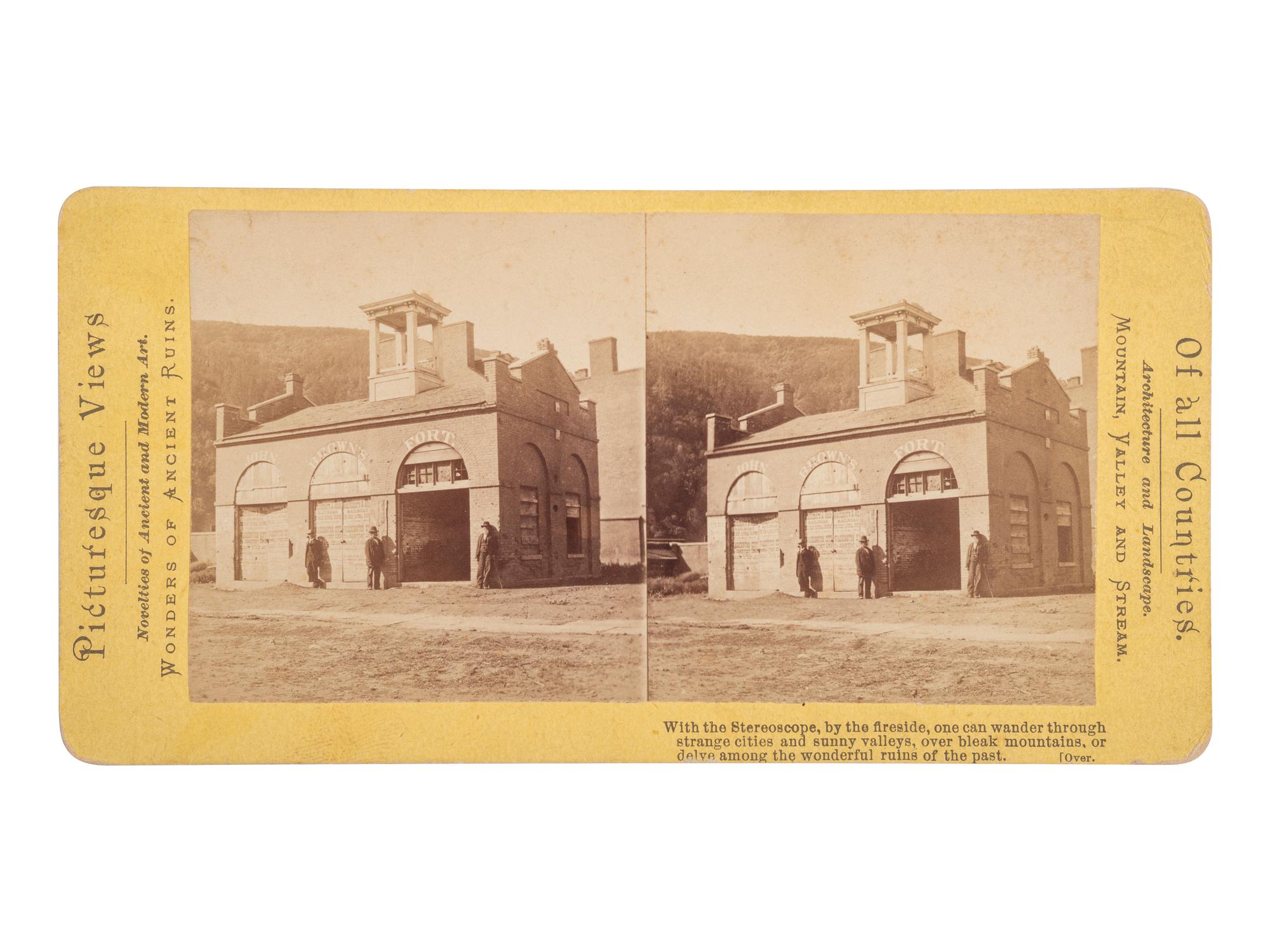 [SLAVERY & ABOLITION] -- [BROWN, John]. Stereoview of John Brown's Fort at Harpers Ferry, Virginia. N.p., ca 1870s. [ With: ] BRADY, Mathew, photographer. Stereoview of African American soldiers of the 7th USCT outside Fort Burnham.