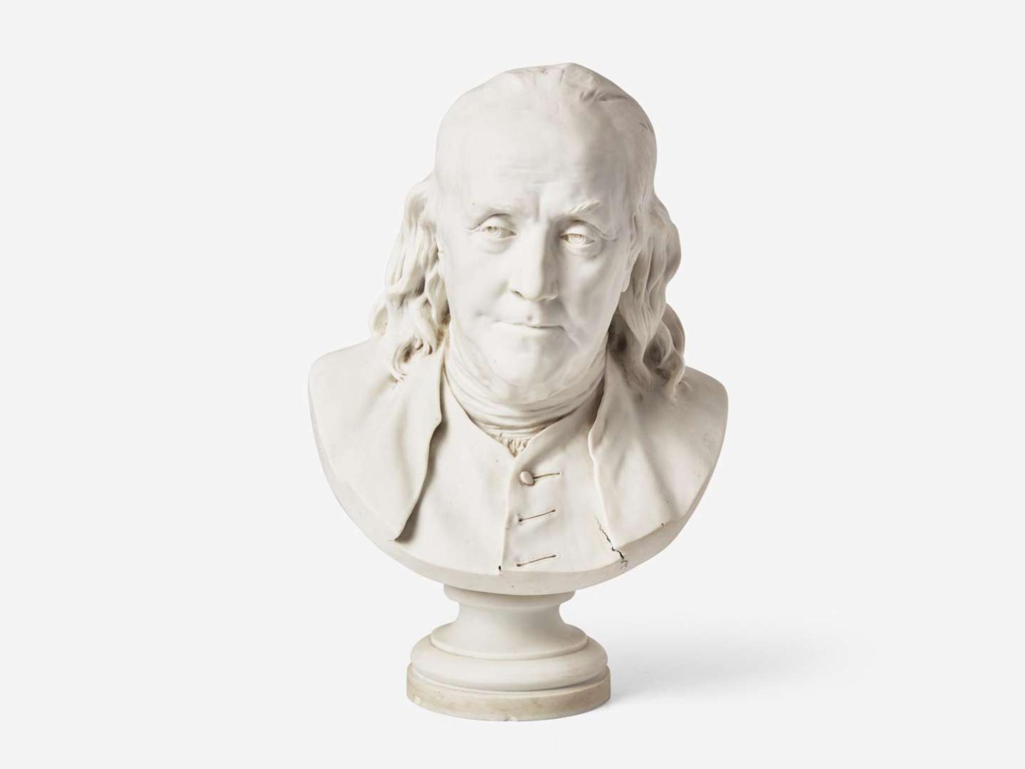 After Jean-Antoine Houdon (French, 1741-1828), Parian bust of Benjamin Franklin (1706-1790), marked Sevres, early 20th century