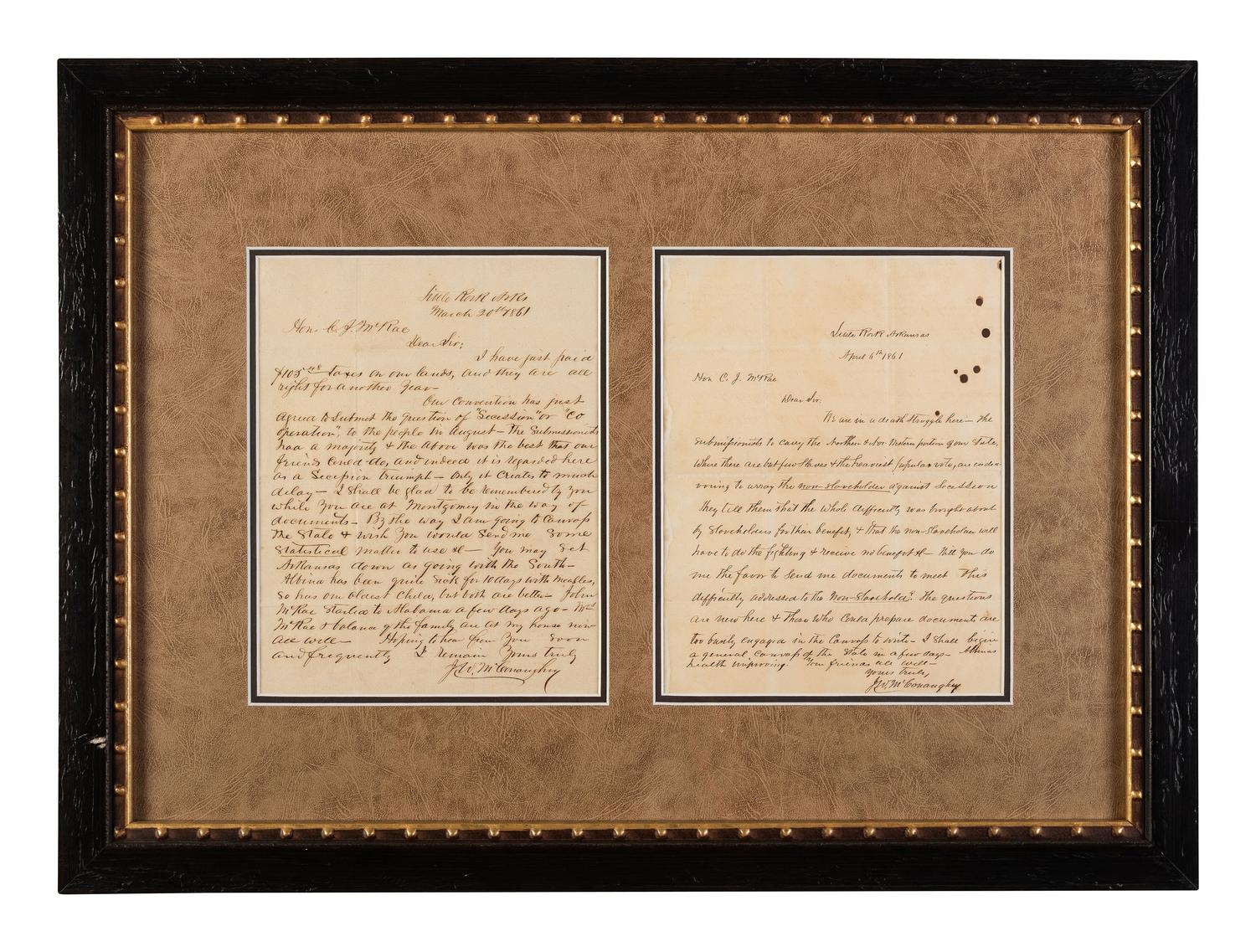 [ENSLAVEMENT & ABOLITION]. 2 letters from J. W. McConaughy of Little Rock, AR, to the C.J. McRae.