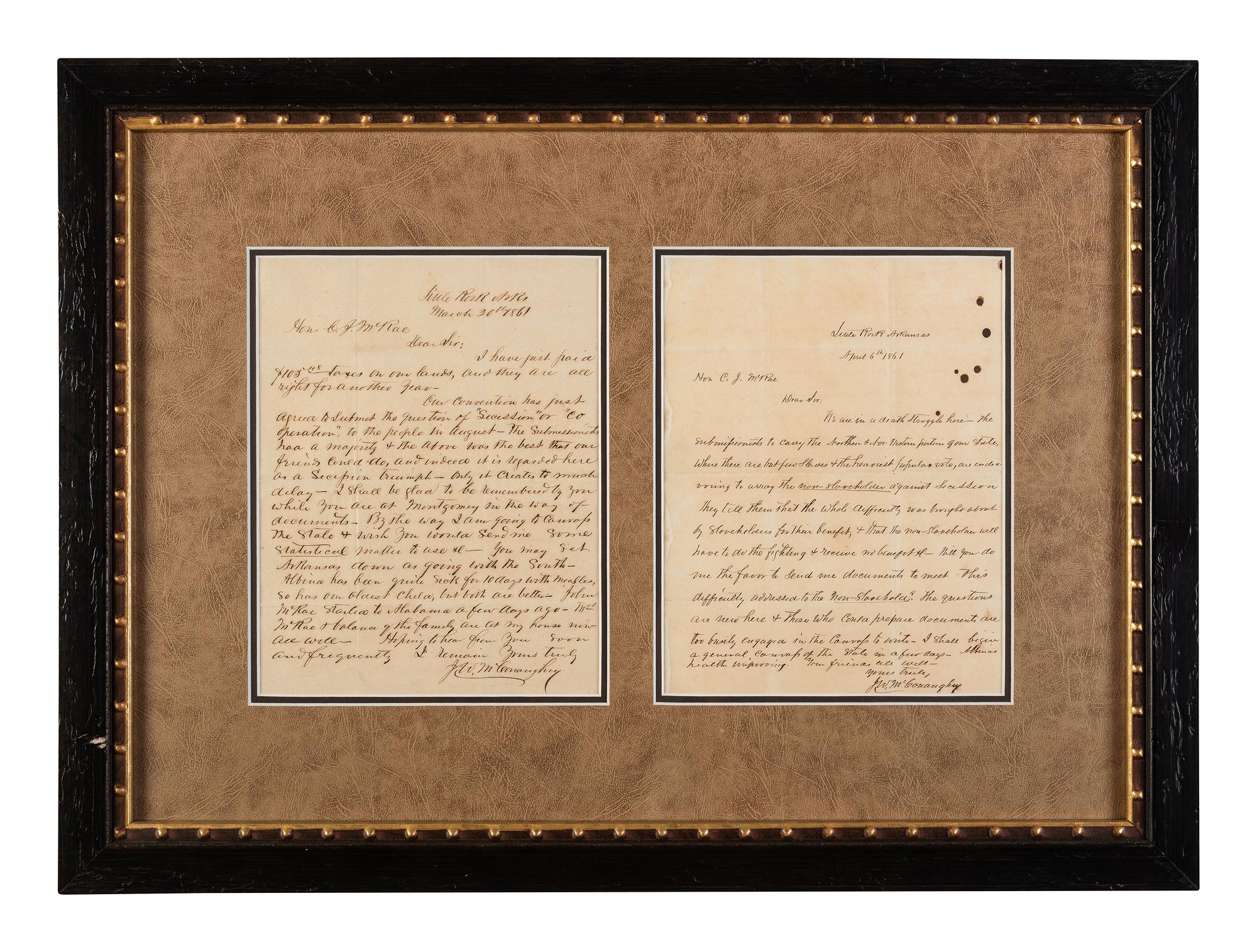[ENSLAVEMENT & ABOLITION]. 2 letters from J. W. McConaughy of Little Rock, AR, to the C.J. McRae.