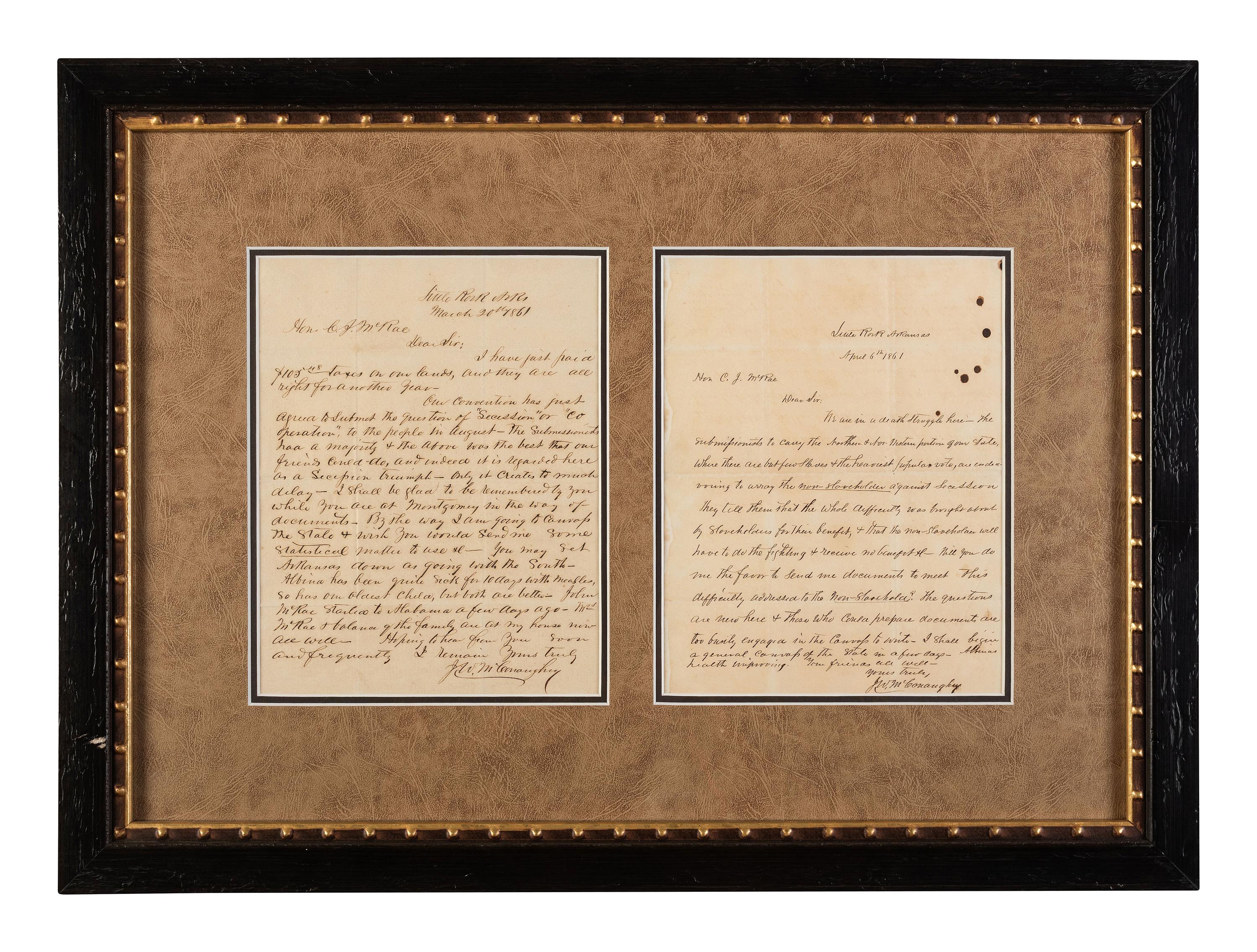 [ENSLAVEMENT & ABOLITION]. 2 letters from J. W. McConaughy of Little Rock, AR, to the C.J. McRae.