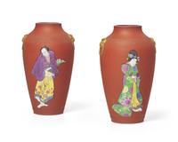 A Pair of Wedgwood Enamel Decorated Rosso Antico Vases
