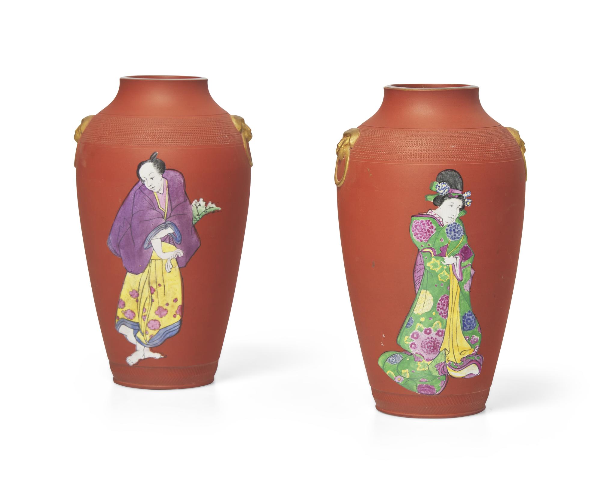 A Pair of Wedgwood Enamel Decorated Rosso Antico Vases