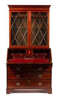 A George III Style Inlaid Mahogany Secretary Bookcase Height 88 x width 35 x depth 20 inches. — LATE 19TH CENTURY
