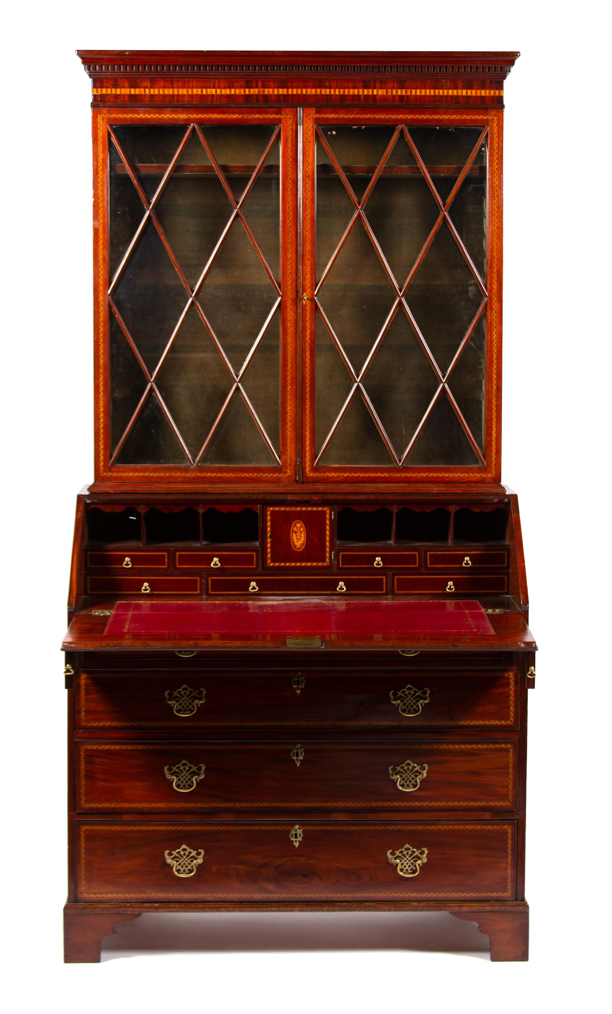 A George III Style Inlaid Mahogany Secretary Bookcase Height 88 x width 35 x depth 20 inches. — LATE 19TH CENTURY