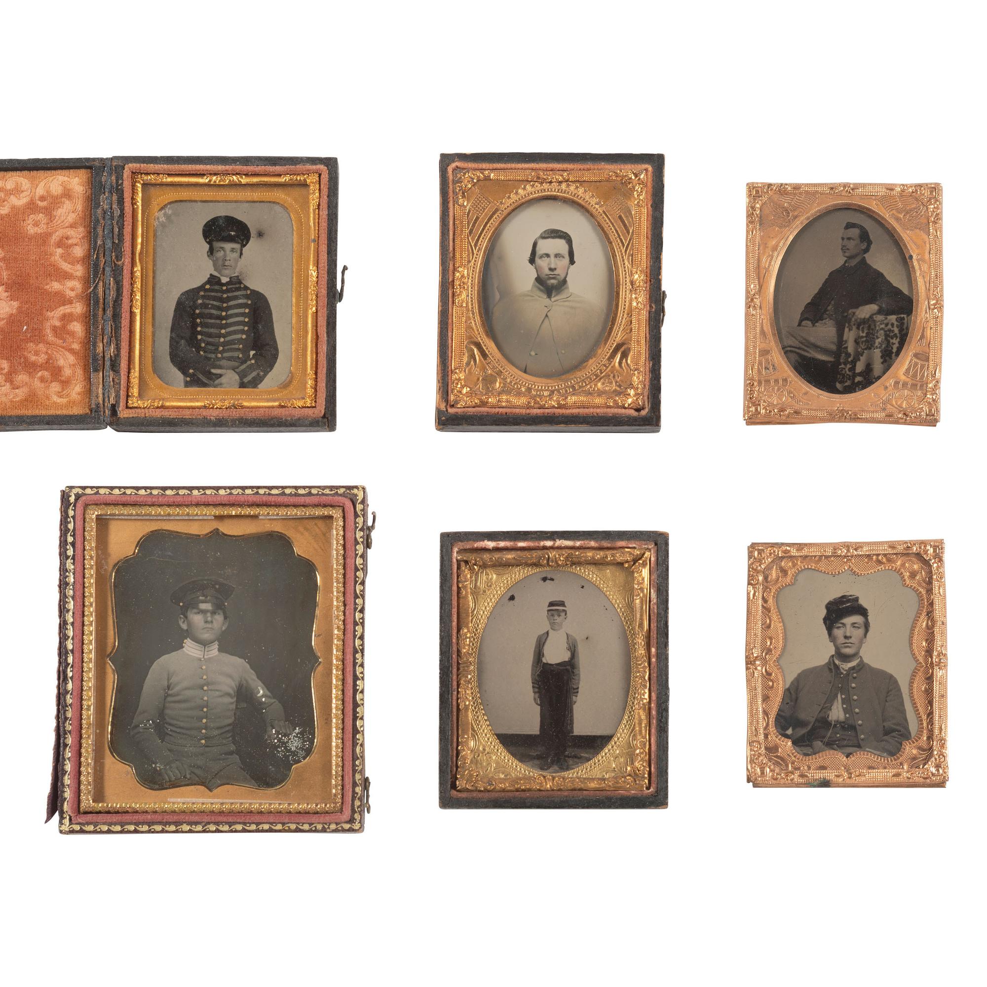 [Civil War] Group of Six Cased Images of Young Men in Uniform, incl. Cadets and Soldiers