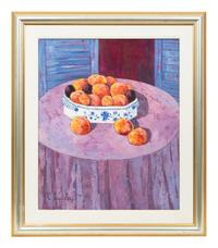 Peaches in a Blue and White Bowl , 1976, and Yellow Gorse in a Blue Pitcher (two works)
