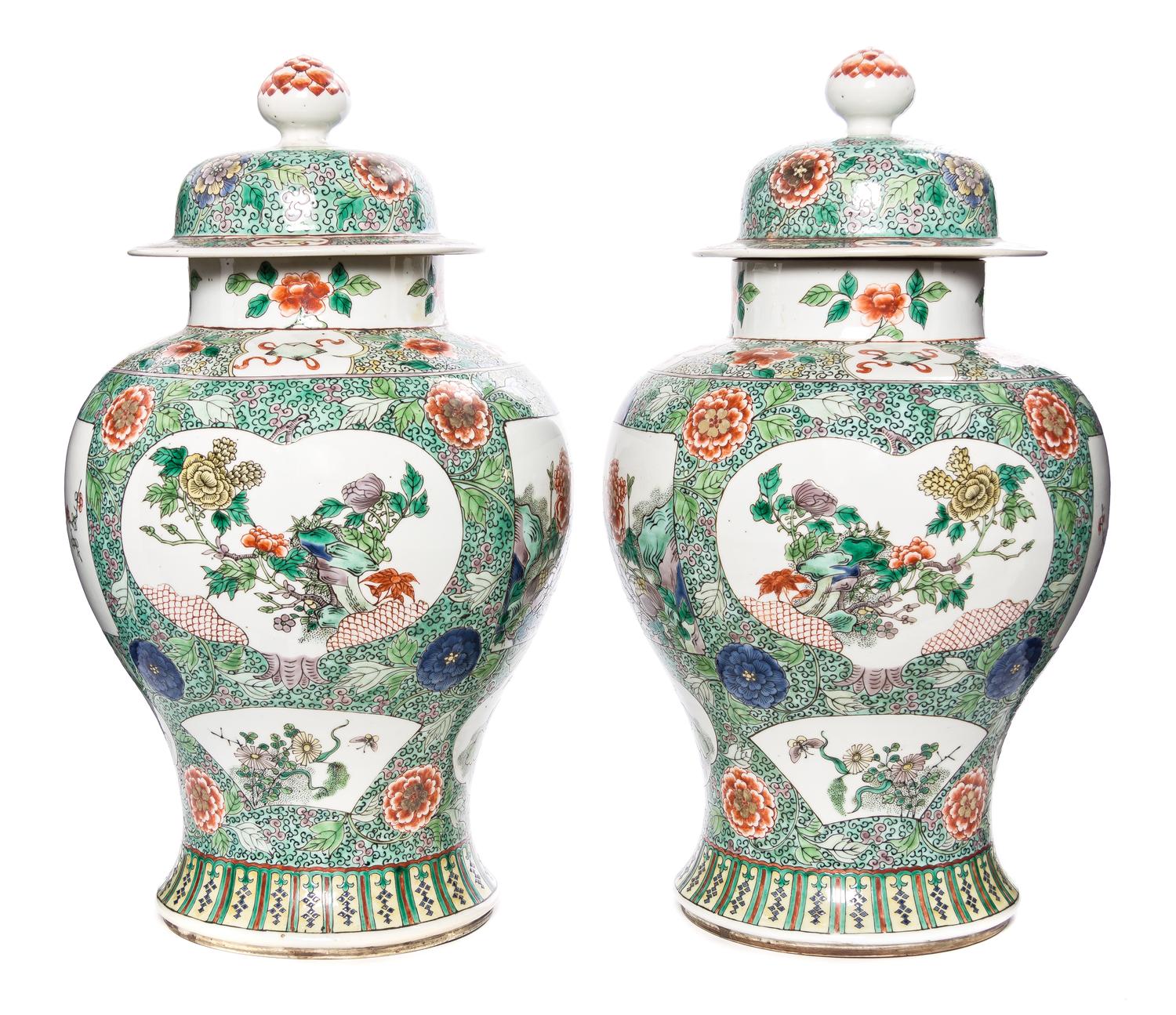 A Pair of Famille Verte Porcelain Jars and Covers Height 17 3/4 inches. — LATE 19TH CENTURY