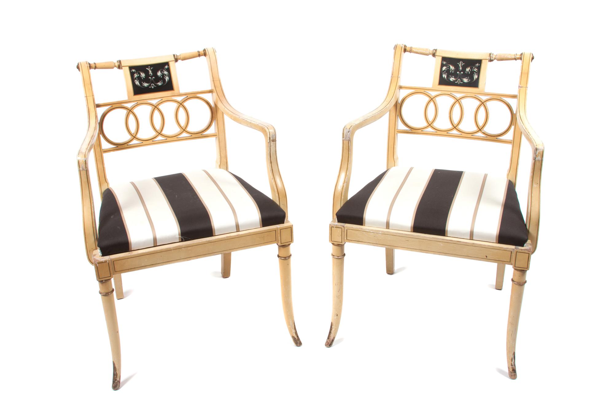 A Pair of Regency Style Painted Armchairs Height 31 1/2 inches.