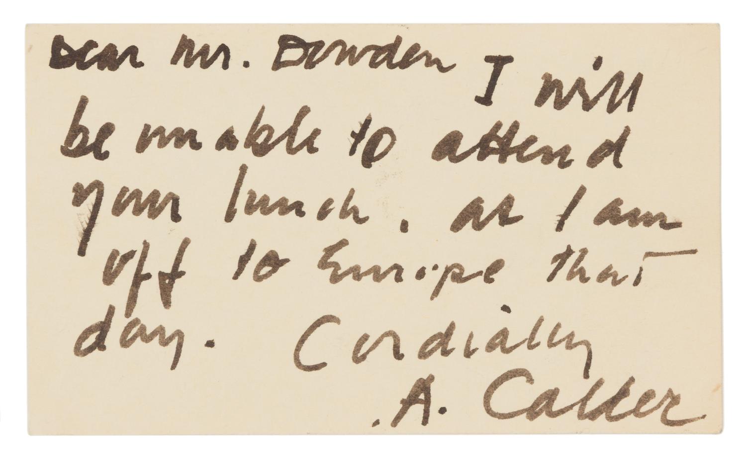 CALDER, Alexander (1898-1976). Autograph letter signed ("A. Calder"), to Raymond Dowden. Roxbury, n.d., 1952.