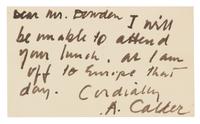 CALDER, Alexander (1898-1976). Autograph letter signed ("A. Calder"), to Raymond Dowden. Roxbury, n.d., 1952.
