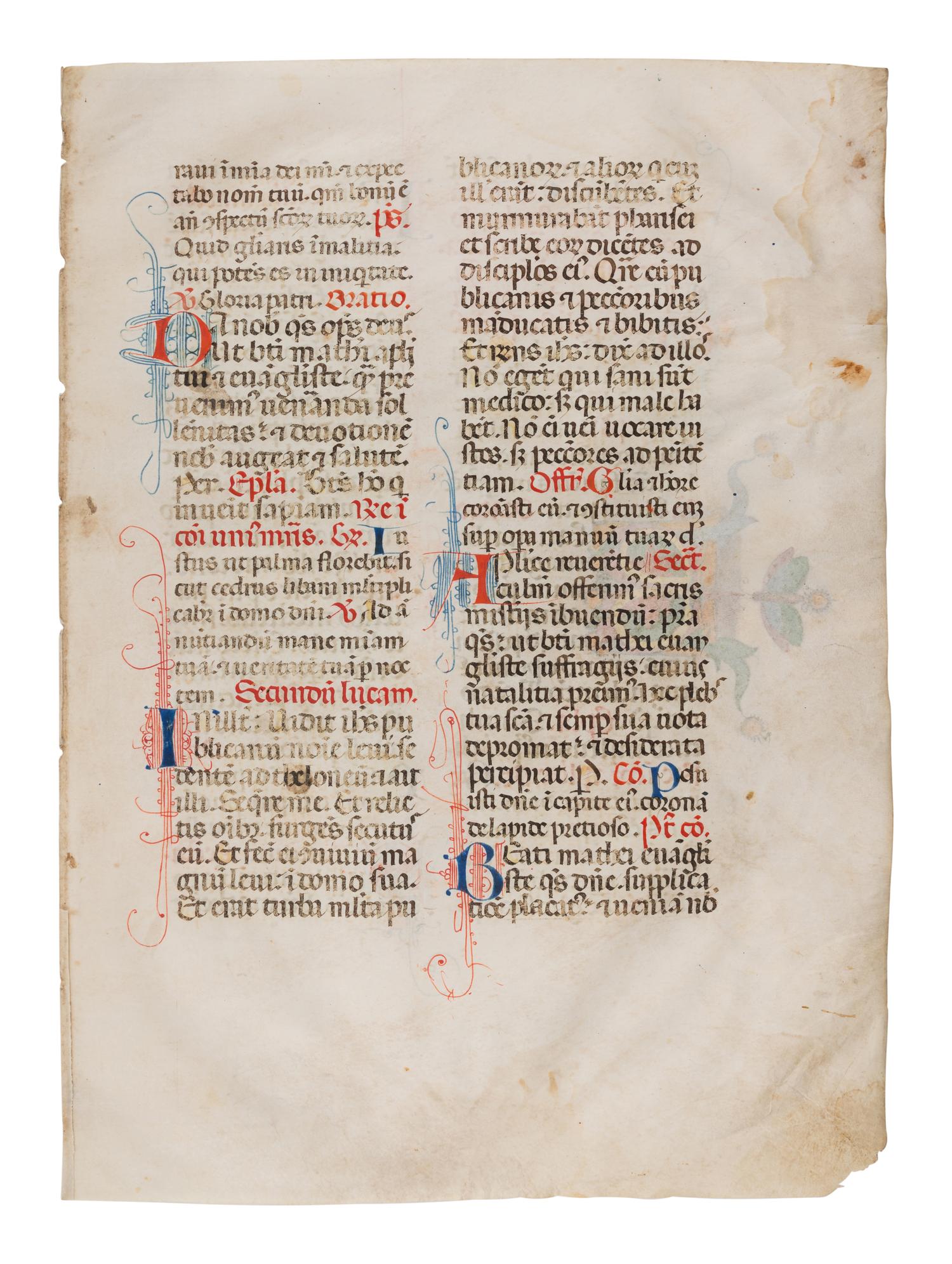 SANO DI PIETRO (Siena, 1405-1481) Two leaves from a Missal, including three historiated initials of St. Nicholas, St. Lucy, and St. Thomas, in Latin, illuminated manuscript on parchment [Italy, Siena, c. 1460-1470]