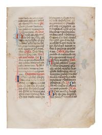 SANO DI PIETRO (Siena, 1405-1481) Two leaves from a Missal, including three historiated initials of St. Nicholas, St. Lucy, and St. Thomas, in Latin, illuminated manuscript on parchment [Italy, Siena, c. 1460-1470]