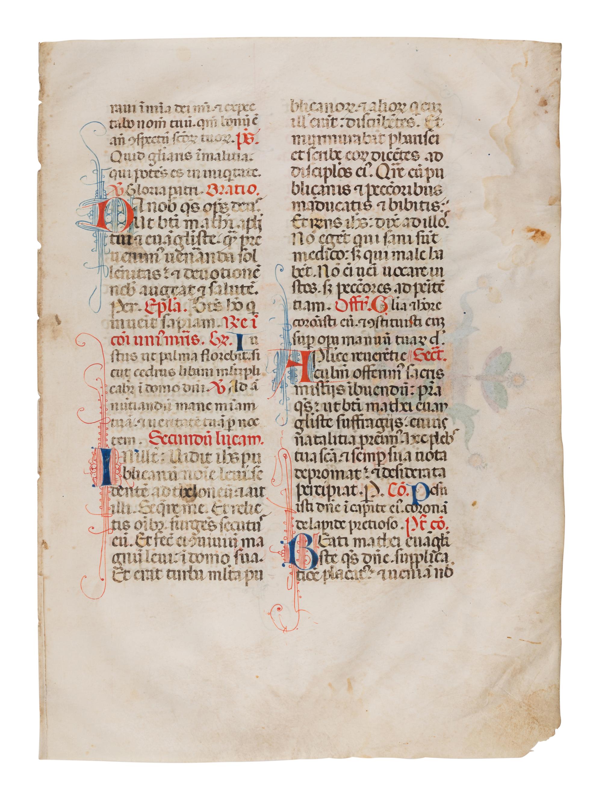 SANO DI PIETRO (Siena, 1405-1481) Two leaves from a Missal, including three historiated initials of St. Nicholas, St. Lucy, and St. Thomas, in Latin, illuminated manuscript on parchment [Italy, Siena, c. 1460-1470]