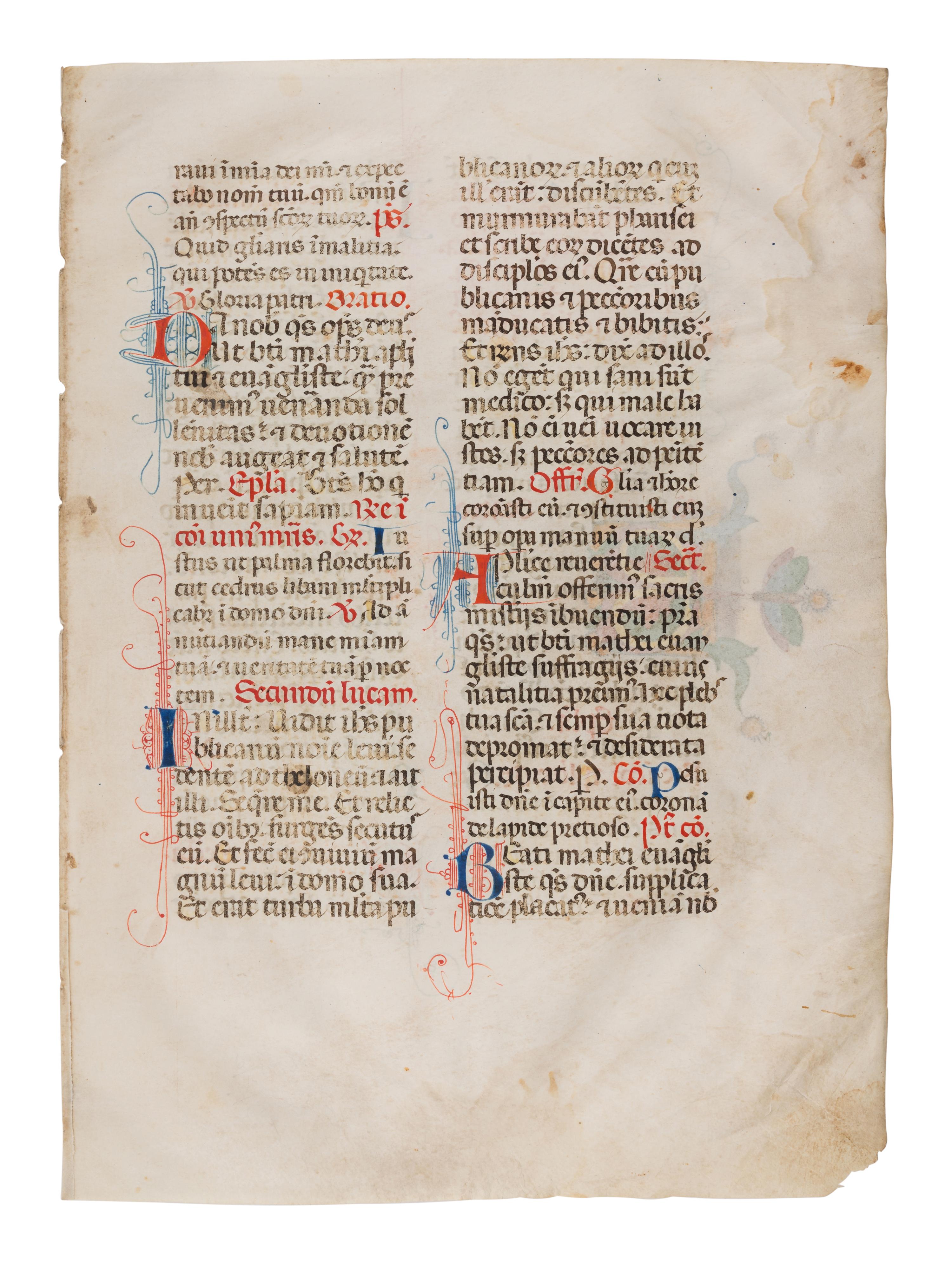 SANO DI PIETRO (Siena, 1405-1481) Two leaves from a Missal, including three historiated initials of St. Nicholas, St. Lucy, and St. Thomas, in Latin, illuminated manuscript on parchment [Italy, Siena, c. 1460-1470]