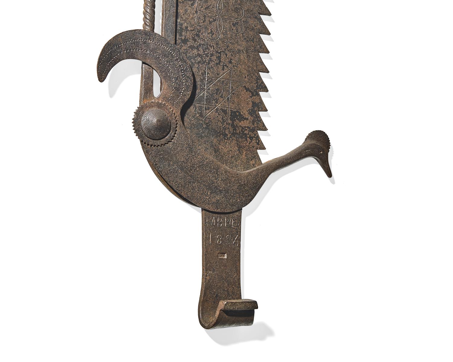 A Wrought Iron Fireplace Trammel, French, Dated "1834"