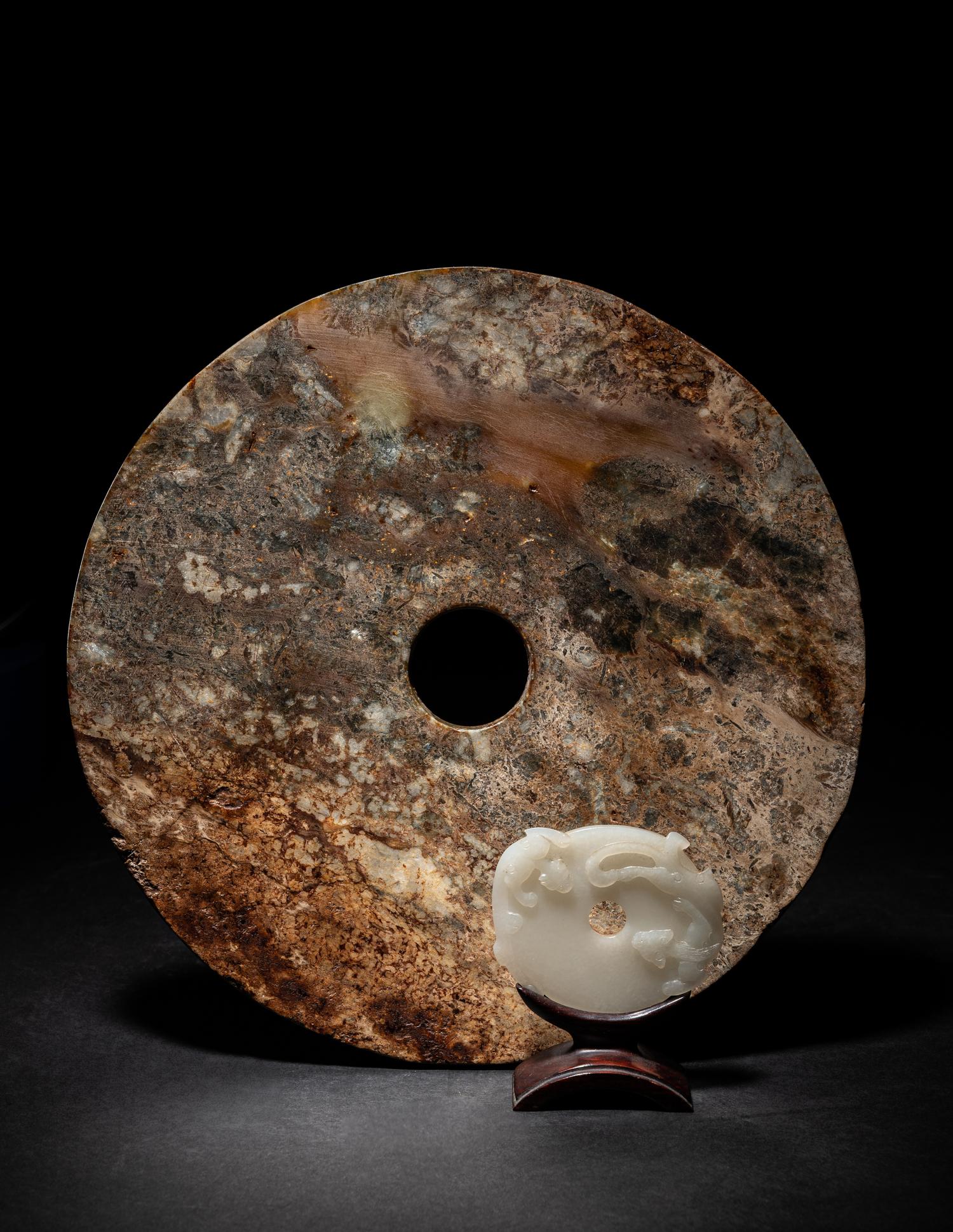 A Chinese Carved White Jade 'Chilong' Pendant and and Archaistic Jade Bi Disc