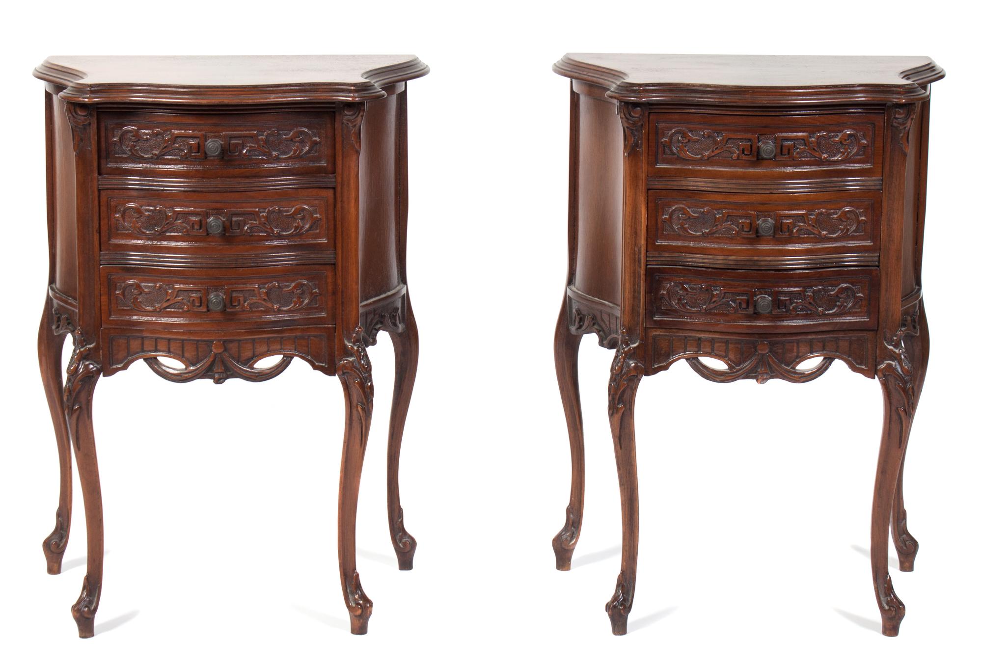 A Pair of Louis XV Style Walnut Bedside Tables Height of pair 29 inches. — 20TH CENTURY