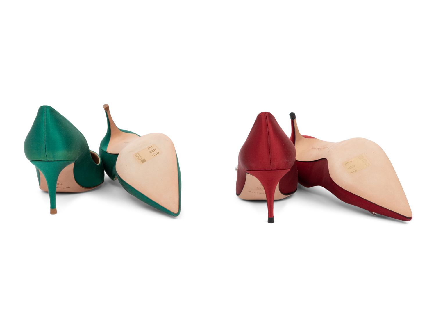 Two Pairs of Manolo Blahnik Satin Heels and Two Matching Clutches